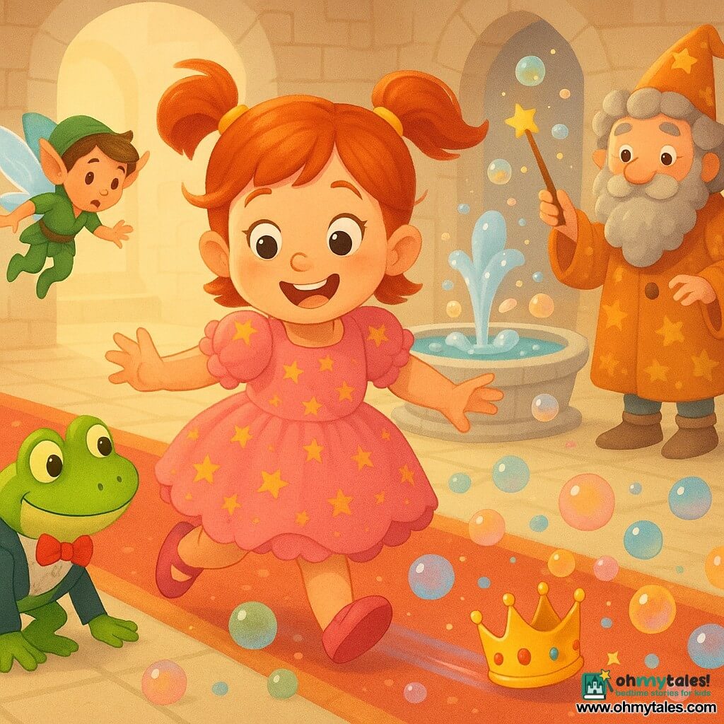 A radiant, mischievous five-year-old princess with red pigtails and a pink ruffled dress with tiny gold stars runs after her small crown sliding across a shiny tiled floor; a tiny male fairy about 8 cm with blue translucent wings and a green outfit flutters by her ear making caring gestures, a bright green frog in a tuxedo with a red bow tie nudges the crown with its nose to the left, an old wizard of about 60 with a curled gray beard and patterned robe stands in the right background waving a wand that produces bubbles, the castle's great hall has pale stone walls, a slightly rumpled red carpet and a round magical fountain at the center bubbling and sending shimmering bubbles as colorful bubbles cover the floor and bounce around in a joyful, luminous scene.