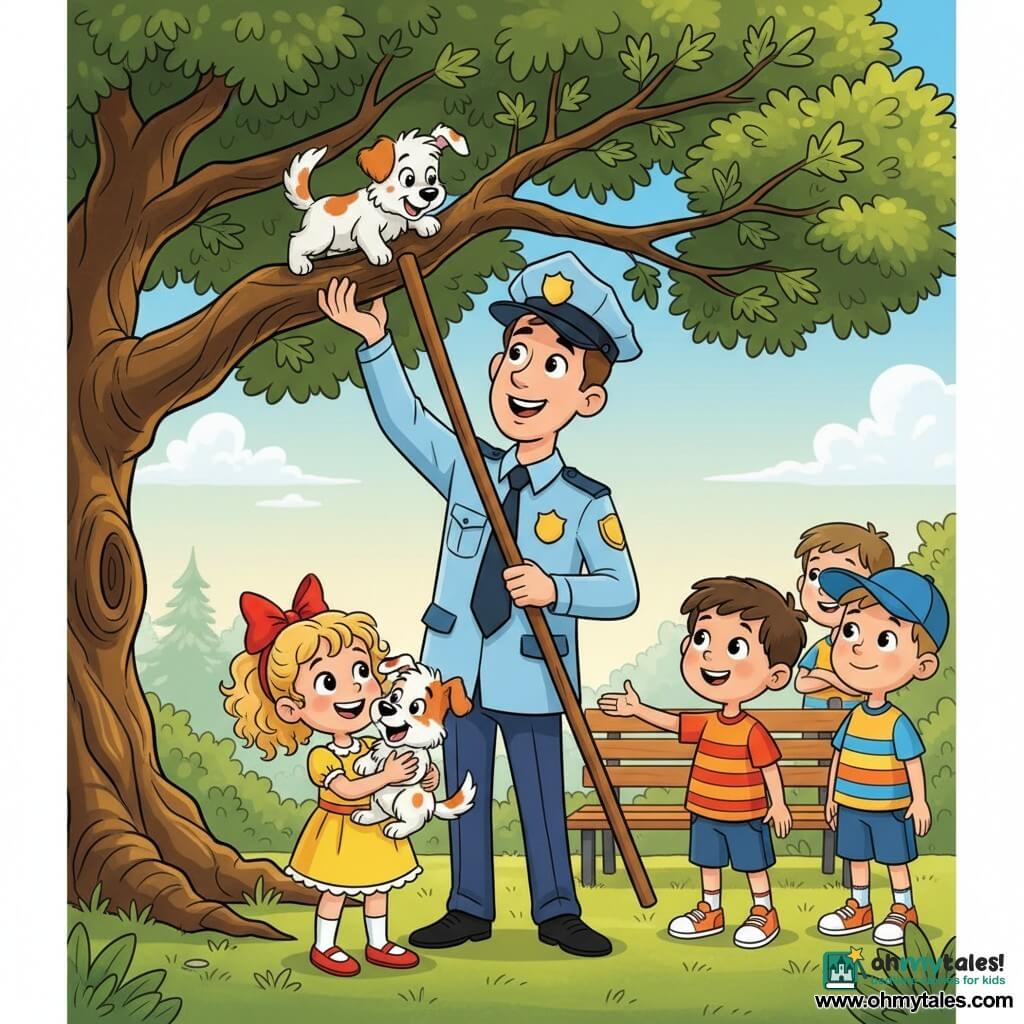 A tall smiling police officer with short brown hair in a shiny light-blue uniform and cap looks up reassuringly while holding a long wooden stick to help a small fluffy white-and-rust puppy down from a low branch; Lily, about 6, with curly hair and a big red bow in a yellow dress holds the relieved pup and smiles, Tommy, about 7, in orange sneakers and a striped T-shirt reaches out from the right, and Sam, about 8 in a blue cap watches admiringly behind them in a sunny morning park with a large oak, green lawn and wooden bench — warm, comic-style scene of solidarity with bright colors and clear outlines.
