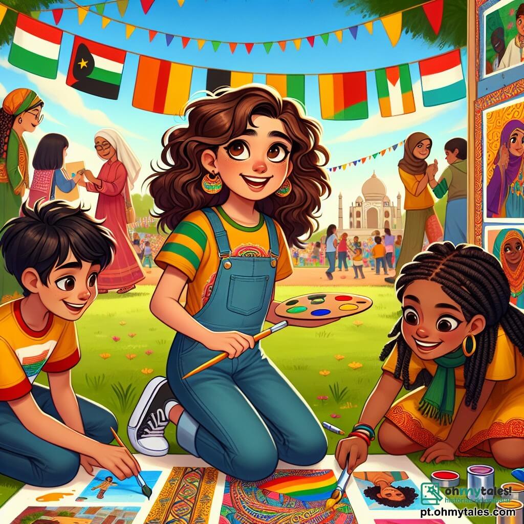 Uma menina de 12 anos, Sofia, com cabelos castanhos e cacheados, e olhos cheios de curiosidade, está no centro de uma cena vibrante. Ela usa uma camiseta colorida e jeans, e seu rosto expressa grande alegria e orgulho enquanto admira um mural artístico que criou com seus amigos. Ao lado dela, um menino de 12 anos, Amir, de origem árabe, com cabelos pretos e óculos, sorri segurando uma paleta de pintura, adicionando um toque final a uma seção do mural. Outra personagem, uma menina de 11 anos, Maya, de origem afro-americana, com tranças e uma camiseta com padrões africanos, se inclina para colar fotos no mural, seu rosto irradiando entusiasmo. A cena acontece em um parque ensolarado, cheio de barracas coloridas representando diferentes culturas, com bandeiras tremulando e pessoas de todas as idades interagindo alegremente ao redor. A situação principal mostra Sofia e seus amigos celebrando a diversidade através do mural, que conta histórias de coragem e igualdade, enquanto famílias e crianças admiram seu trabalho, criando uma atmosfera de solidariedade e harmonia.
