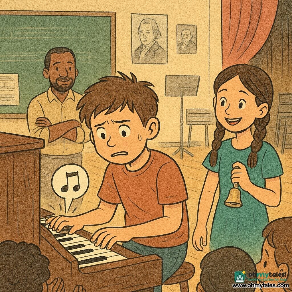 A 12-year-old boy with a round face and messy brown hair looks nervous but determined, holding a final note with slightly trembling fingers on a worn upright piano; beside him to the right stands Mara, about 12, with two braids, a supportive smile and sparkling eyes, gently shaking a small cowbell; Mr. Bennett, about 40, stands near the chalkboard in the background with a kind face and arms slightly crossed, watching proudly; the scene is a school music room with shiny parquet floors, composer posters on the walls, stacked metal desks, warm lighting and a slightly drawn stage curtain; the boy is playing for a small blurred audience in the foreground, a wrong note is marked by a tiny sound bubble but he continues, the music resumes and the audience begins to applaud; graphic style: soft lines, warm pastel colors, visible wood and fabric textures, and tenderly exaggerated expressions conveying regained confidence.