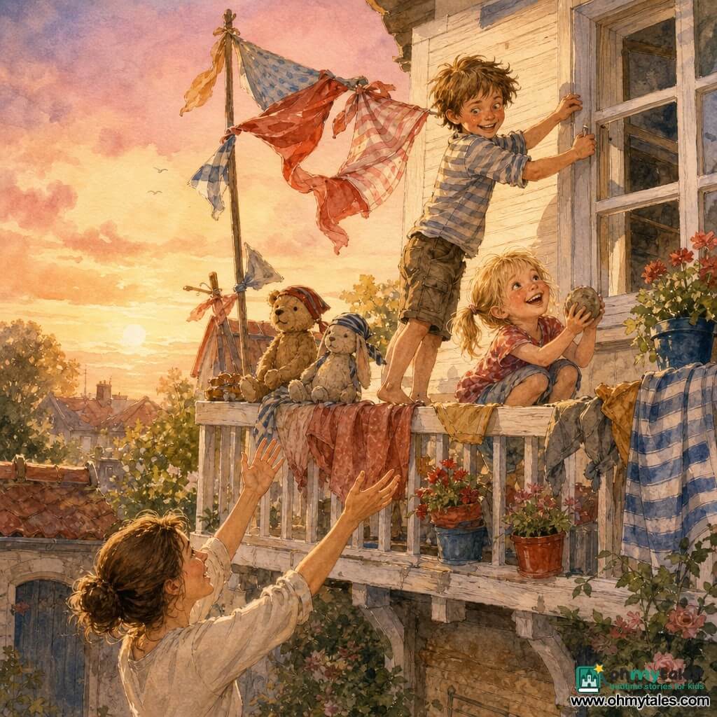 A mischievous 10-year-old boy with messy light-brown hair, freckles and a wide smile stands on tiptoe pulling at a white-painted balcony window; his little sister Lily, about 6, with blonde pigtails and a dreamy face, laughs crouched nearby holding a pebble like an apple. Below in the garden their smiling mother with tied brown hair raises her arms and looks up. The white wooden balcony is cluttered with colorful towels, two stuffed animals, red and blue flower pots and a banner of tied towels fluttering over the railing. Late-afternoon golden sunset light with long shadows and a pink sky; the children are stuck outside but happily improvising a flag and playing pirates, creating a warm, joyful, adventurous scene.