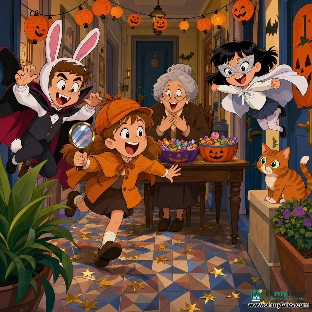 Eight-year-old Tilly, round-faced with freckles and light brown pigtails, wearing an orange pumpkin detective hat and holding a magnifying glass, leaps forward joyfully; to her left Sammy, about eight, in a vampire-bunny costume (pink bunny ears, small fangs, black cape) comically says "boo" while wagging a plush tail; to her right Juniper, about eight, with short black hair, a silver glitter mask and a white flowing cape, hovers like a mini superhero; Mrs. Willowby, about 60, hair in a gray bun and round glasses, sits behind a small wooden table with bowls of candy, hands to her chest in happy surprise; a small ginger cat named Marmalade with round green eyes perches on a flowerpot rim; the cozy apartment hallway is decorated for Halloween with orange pumpkin cutouts, mini lantern garlands, patterned tiles, a large green potted plant in front left and scattered gold star confetti; the three kids pop out together from behind the big pot to surprise Mrs. Willowby with exaggerated joyful expressions, dynamic motion and visible laughter, in bright saturated colors and crisp 90s cartoon style.
