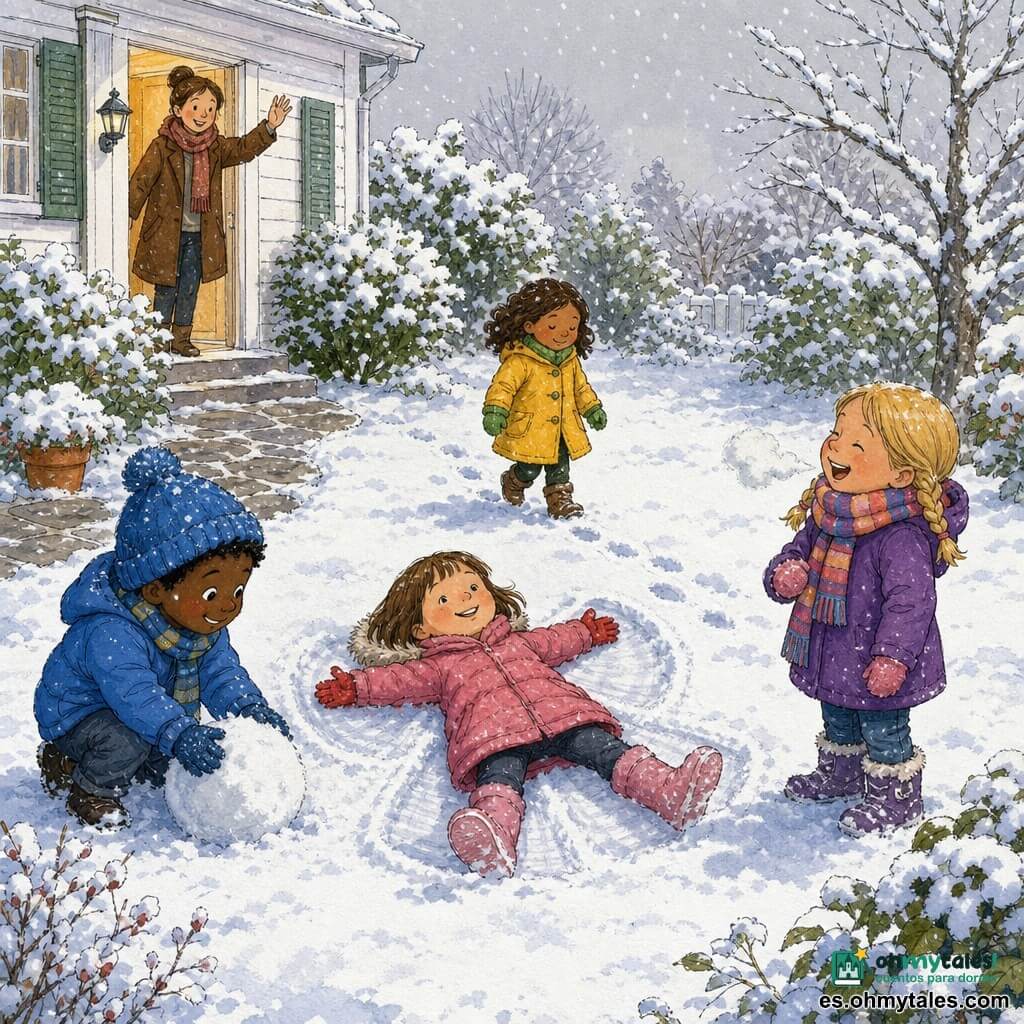 Hay 5 personajes: Martina, niña de 5 años, pelo castaño corto, tumbada boca arriba en el centro del jardín haciendo un ángel en la nieve, con botas rosas y guantes rojos; Hugo, niño de 6 años, pelo negro bajo un grueso gorro azul, a la izquierda, agachado moldeando una bola de nieve con guantes; Lucía, niña de 5 años, pelo rubio en trenzas, a la derecha de Martina, de pie riendo y viendo su aliento, con una bufanda a rayas; Ana, niña de 5 años, pelo castaño, caminando detrás de Martina mostrando sus pequeñas huellas, con abrigo amarillo y manoplas verdes; la mamá, mujer adulta, pelo castaño recogido, de pie junto a la puerta de la casa al fondo, sonriendo y llamando a los niños para entrar, con abrigo marrón y pañuelo. Lugar: jardín invernal ante una casa de madera pintada de blanco, césped cubierto de nieve polvo, algunos arbustos helados, un camino de piedra desde la puerta, cielo gris claro y finos copos cayendo. Situación: cuatro niños juegan alegremente en la nieve — ángel en el centro, huellas alineadas, uno forma una bola y la madre los llama para que entren y se calienten.