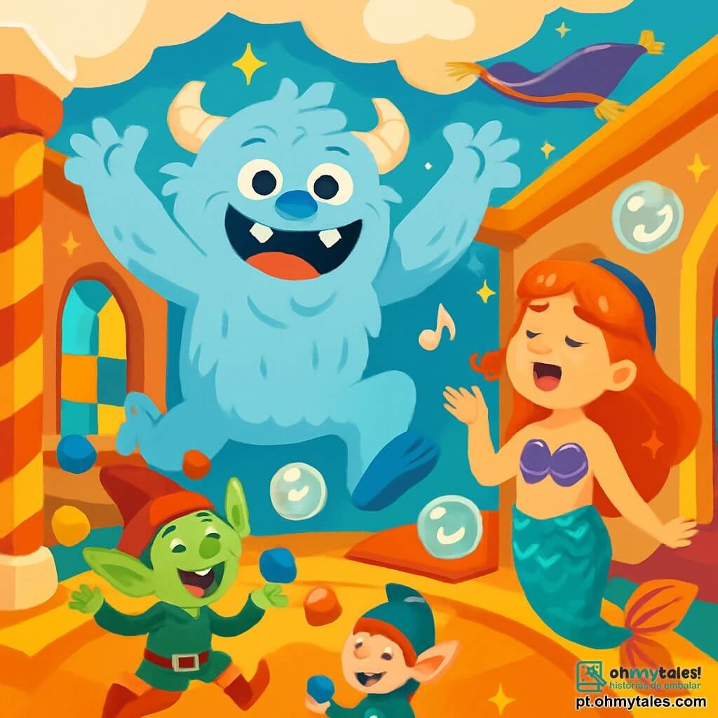 Um Yeti de pelos azul-claro, com grandes olhos redondos e um sorriso radiante, pula de alegria em uma cena cheia de cores vibrantes. Sua expressão é alegre e travessa, mostrando que está pronto para fazer todos rirem. Ao seu lado, uma Sereia de cabelos ondulados e brilhantes, com escamas cintilantes e nadadeiras coloridas, canta entusiasticamente. Ela tem cerca de 10 anos e usa um top de conchas. Um pequeno duende, Zé Cambalhota, com um chapéu pontudo e orelhas em ponta, está fazendo malabarismos com bolas coloridas, rindo alto. Ele mede apenas 30 centímetros e parece muito divertido com suas próprias travessuras. O cenário é uma escola fantástica, com paredes de doces, janelas de vidro colorido e um teto em forma de nuvens fofas. Tapetes voadores e luzes cintilantes acrescentam um toque mágico ao ambiente. A cena mostra o Yeti e seus amigos preparando uma grande festa de risadas, cercados por bolhas de sabão que flutuam no ar, cada uma trazendo uma piada divertida. Os personagens estão em plena ação, prontos para compartilhar sua alegria e humor com todos os outros alunos da escola.