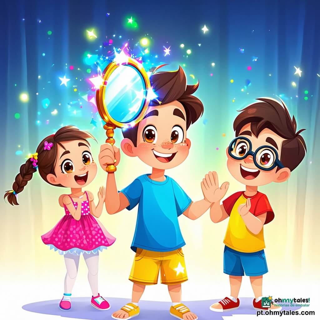 Um menino de 8 anos, Lucas, com cabelos castanhos bagunçados e olhos brilhantes de alegria, está no centro do palco, com um grande sorriso no rosto. Ele usa uma camiseta azul vibrante e um short amarelo, segurando um espelho mágico que brilha em mil cores. Ao seu lado, sua melhor amiga Ana, uma menina de 7 anos com longos cabelos loiros trançados e um vestido rosa de bolinhas, aplaude maravilhada, com os olhos arregalados. Um pouco mais adiante, Pedro, um menino de 8 anos com óculos redondos e cabelos negros, ri ao olhar para um pequeno dragão verde que dança alegremente, lançando confetes ao seu redor. A cena acontece em um jardim ensolarado, cheio de flores coloridas e guirlandas brilhantes penduradas entre as árvores. Mesas transbordam de bolos e doces, enquanto um grupo de cadeiras dançantes se agita ao som de uma música alegre. A situação principal mostra Lucas, Ana e Pedro cercados por seus amigos, rindo e se divertindo em uma festa mágica, com o dragão fazendo piruetas e os confetes caindo como uma chuva de cores.