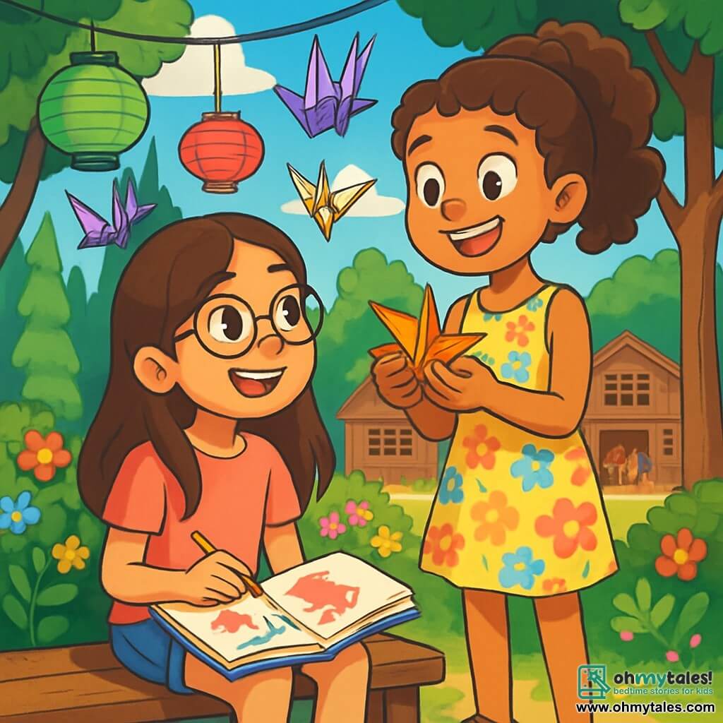 There are two main characters: Ava, a 10-year-old girl with long brown hair and round glasses, wearing a pink t-shirt and denim shorts, sitting on a wooden bench with a sketchbook on her lap and a look of wonder on her face; and Sophie, also 10, with curly hair in a ponytail, wearing a colorful floral dress and sandals, standing next to Ava holding a crane origami, her eyes sparkling with excitement. The setting is a vibrant summer camp surrounded by tall green trees and colorful flowers, with a large wooden building in the background where children gather, and a clear blue sky dotted with white clouds. Laughter and joyful singing fill the air. The main scene shows Ava and Sophie sharing their discoveries about Japan, surrounded by colorful decorations of lanterns and origami, fully engaged in their project, with enthusiasm and creativity shining from their faces.