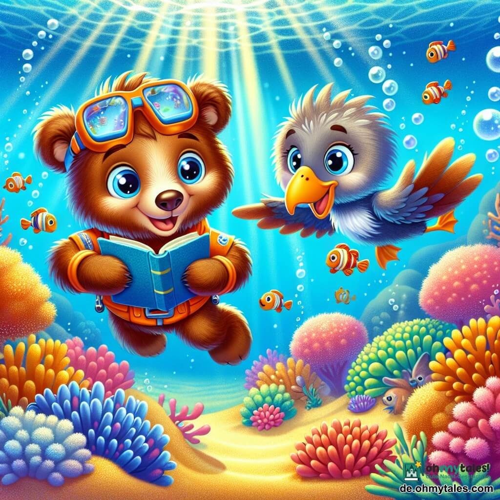 Ein kleiner brauner Bär namens Bruno, mit weichem Fell und funkelnden Augen, schwimmt fröhlich im Wasser und hält ein kleines blaues Buch in seinen Pfoten. Er trägt einen orangefarbenen Taucheranzug, der im Kontrast zu den lebhaften Farben seiner Unterwasserumgebung steht. Neben ihm schwimmt eine Entenente namens Frieda, mit grauem Gefieder und Taucherbrille, die begeistert lächelt und Bruno eine Richtung zeigt. Sie ist neugierig und schwimmt mit Leichtigkeit, ihre agilen Flossen helfen ihr, sich zwischen den Korallen zu bewegen. Der Meeresboden ist eine magische Szene, gefüllt mit bunten blumenartigen Korallen, mehrfarbigen Fischen, die um sie herumtanzen, und Luftblasen, die zur Oberfläche aufsteigen. Lichtstrahlen filtern durch das Wasser und erzeugen einen funkelnden Effekt auf dem goldenen Sand. Die Hauptsituation zeigt Bruno und Frieda, die einen Unterwassertresor entdecken, während freundliche Meeresbewohner sie umgeben, während sie nach Brunos wertvollem Tagebuch suchen, das in diesem Wasserabenteuer verloren ging.