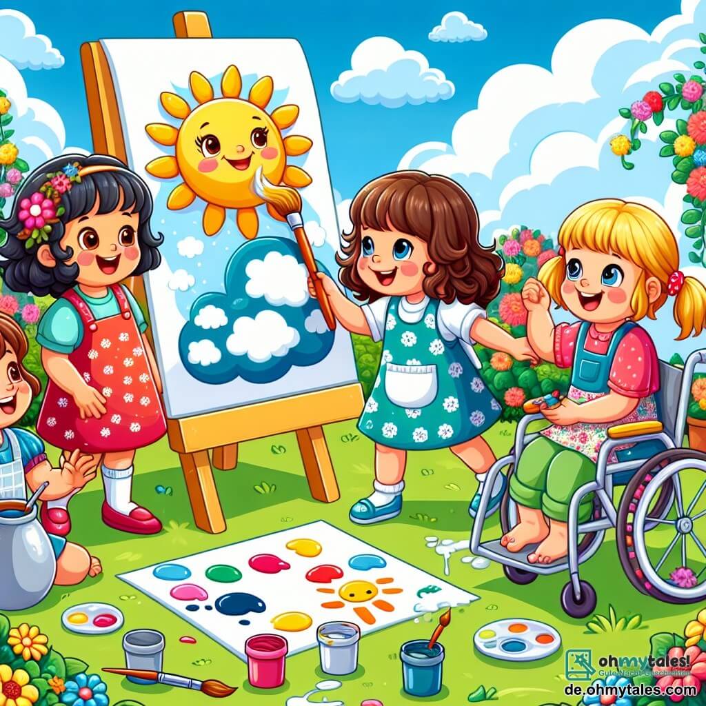 Vier kleine Mädchen im Alter von 6 bis 7 Jahren sind in einem sonnigen Garten versammelt. Mia mit braunen, lockigen Haaren trägt ein rotes Kleid mit weißen Punkten und malt mit einem Pinsel eine große, lächelnde Sonne auf ein Papier auf dem Boden. Leni mit glatten, blonden Haaren in einer blauen Tunika steht neben Mia, schaut zum Himmel und malt mit ihrem Pinsel weiße Wolken. Emma mit kastanienbraunen Haaren in zwei Zöpfen trägt ein grünes T-Shirt, beugt sich vor und lacht, nachdem sie versehentlich Farbe auf das Gras gekippt hat. Sara mit schwarzen, lockigen Haaren sitzt in einem hübschen, blumenverzierten Rollstuhl und klatscht fröhlich, während sie ihre Freundinnen beobachtet, umgeben von bunten Farbtöpfen. Der Garten ist weit und hell mit bunten Blumen und einem blauen Himmel, der mit bauschigen Wolken gesprenkelt ist. In der Mitte liegt ein großes weißes Papier auf dem grünen Gras. Die vier Freundinnen haben Spaß daran, gemeinsam ein Meisterwerk zu schaffen, spritzen Farbe in die Luft, lachen und haben Spaß, während sie den Garten in einen Ort der Freude und Kreativität verwandeln.