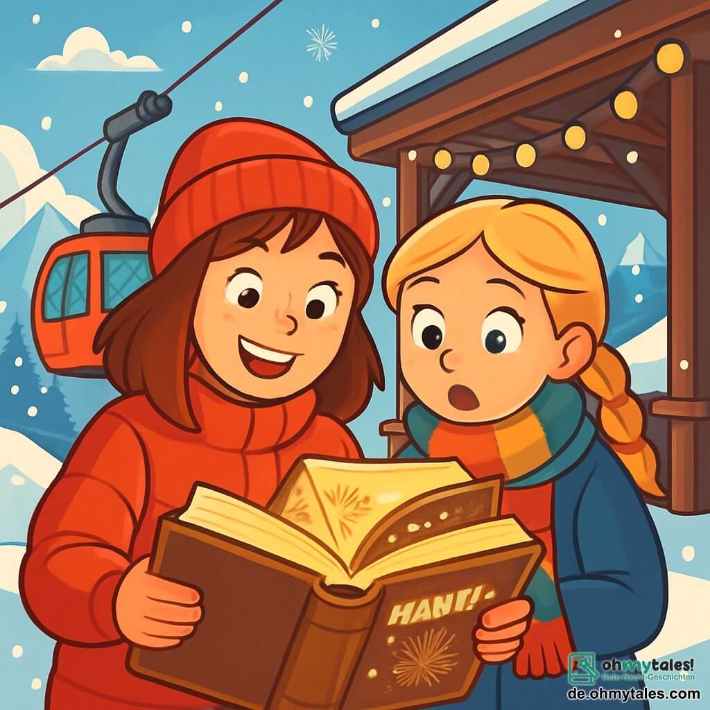 Ein 12-jähriges Mädchen, Lotte, mit braunen Haaren und Sommersprossen auf der Nase, lächelt mit funkelnden Augen vor Aufregung. Sie trägt eine leuchtend rote Daunenjacke und eine Wollmütze und hält ein großes altes Buch mit goldenen Seiten. Neben ihr steht ihre beste Freundin Emma, ebenfalls 12 Jahre alt, mit geflochtenen blonden Haaren und einem bunten Schal um den Hals. Sie schaut neugierig auf das Buch, die Augen weit aufgerissen. Ihre Umgebung ist eine alte Seilbahnstation, umgeben von schneebedeckten Bergen, die im Wintersonnenschein funkeln. Sanfte Schneeflocken fallen, und Lichtergirlanden schmücken die Station. Die Hauptsituation zeigt Lotte und Emma, die an Neujahr ein mysteriöses Zauberbuch entdecken, umgeben von festlichen Dekorationen und einer fröhlichen Stimmung, bereit für ein magisches Abenteuer.