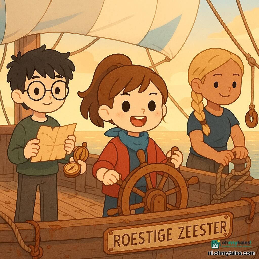Lotte, meisje van ongeveer 13 jaar, rond gezicht met sproeten, kastanjebruin haar in een paardenstaart, vrolijke vastberaden blik, houdt de gepatineerde houten reling; Sam, jongen van circa 15, fijn gezicht met ronde bril, warrig zwart haar en rustige glimlach, houdt een vergeelde kaart en koperen passer bij de mast links van Lotte; Mira, meisje van circa 16, gebruinde huid en zichtbare spieren, blond haar in vlechten, trots en kalm, repareert een dikke troslijn rechtsachter; scène op het versleten houten dek van het schip "Roestige Zeester" met gescheurde planken, gedraaide touwen, roestige katrollen en gerepareerde crème- en vervaagdblauwe zeilen, zonsonderganggloed op het water, het trio hijst de zeilen in een lichte wind, waterdruppels glinsteren, sfeer van hoop en avontuur, warme kleuren, eenvoudige texturen en zachte, afgeronde vormen in een minimal kawaii-stijl.