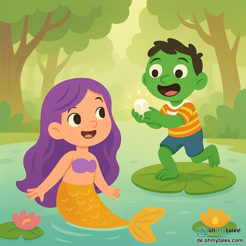 Eine Meerjungfrau namens Lila mit langen, welligen, violetten Haaren und einem schimmernden Schwanz mit goldenen Schuppen lächelt fröhlich, während sie im klaren Wasser eines sanften, nebligen Morgens schwebt. Ihre neugierigen, funkelnden Augen leuchten im Sonnenlicht, das durch das Laub filtert. Neben ihr springt ein kleiner Junge namens Mio, 6 Jahre alt, mit grüner Haut und runden Augen fröhlich auf einem großen grünen Blatt, während er einen kleinen, glänzenden Kieselstein in den Händen hält. Er trägt eine blaue Shorts und ein gestreiftes T-Shirt, und sein Gesicht strahlt vor Aufregung. Der Ort ist ein wunderschöner Sumpf, umgeben von großen, knorrigen Bäumen, mit bunten Blumen, die an der Wasseroberfläche treiben. Ein leichter Nebel umhüllt die Landschaft und schafft eine magische, friedliche Atmosphäre. Die Hauptsituation zeigt Lila und Mio, die gemeinsam den glitzernden Zauberstein entdecken, einen kleinen, runden Kieselstein, der unter der Sonne funkelt, während sie lachen und sich über ihren Fund freuen, umgeben von der verzauberten Schönheit des Sumpfes.