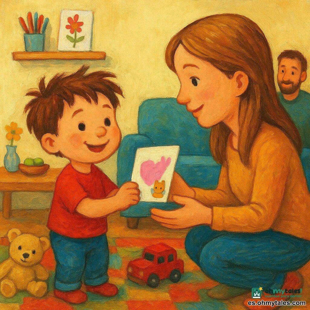 Un niño de 4 años de cabello castaño alborotado, rostro redondo y mofletudo, expresión alegre y orgullosa, sostiene una tarjeta doblada con un corazón rosado y una pegatina de gatito con corona; la madre, de unos 30 años, cabello castaño claro largo, sonrisa dulce y ojos brillantes, está agachada abriendo la tarjeta con las manos listas para recibirla; el padre, de 30–40 años con barba ligera y calcetines desparejados, sonríe desde el sofá; junto al niño hay un osito de peluche beige y un camión rojo sobre una alfombra colorida, la tarjeta asomando entre ellos; la sala, bañada por la luz de la mañana, con paredes crema, mesa de madera clara con una bandeja con tres uvas y una pequeña flor amarilla en un jarrón y estantería con lápices y dibujos infantiles; momento tierno e íntimo: el niño entrega su tarjeta hecha a mano, la madre la abre emocionada y pronto la abrazará, atmósfera cálida con colores y texturas de pintura visibles.