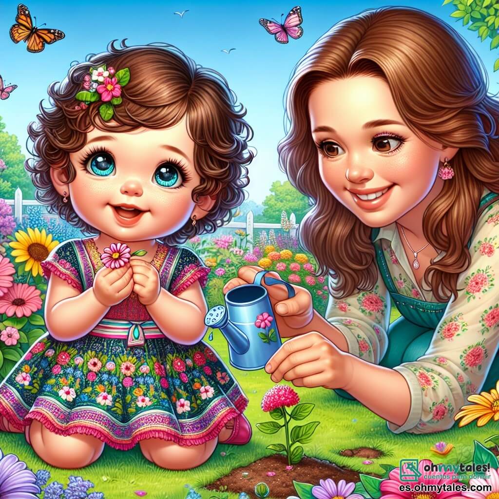 Una niña de 2 años, llamada Lila, está en el centro de la imagen, con ojos brillantes de curiosidad y una gran sonrisa. Tiene el cabello rizado y castaño, y lleva un vestido colorido con motivos de flores. Lila está agachada en su jardín, sosteniendo delicadamente una pequeña flor entre sus manos, como si la descubriera por primera vez. Junto a ella, su madre, una mujer de unos 30 años, se inclina sonriendo. Tiene el cabello largo y castaño y lleva una blusa ligera. Riega las otras flores del jardín con una regadera, añadiendo vida al entorno. El jardín es mágico, lleno de flores de todos los colores: rosas, amarillas, violetas y azules. Mariposas revolotean alrededor de las flores, y el sol brilla en un cielo azul claro, creando una atmósfera alegre y luminosa. La escena principal muestra a Lila, maravillada por la belleza de las flores, hablando con su madre sobre sus sueños, mientras una estrella brillante es visible en el cielo, simbolizando la inspiración y la esperanza.