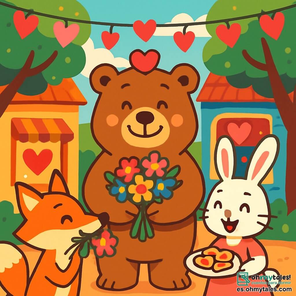 Un gran oso pardo, llamado Bruno, está en el centro de la escena, sonriendo con alegría y con ojos brillantes. Lleva un pequeño sombrero en forma de corazón y sostiene un ramo de flores coloridas en sus patas, listo para ofrecerlo. A su derecha, una pequeña coneja blanca, la Señora Coneja, sonríe alegremente mientras sostiene un plato de pasteles en forma de corazón. A su izquierda, un astuto zorro, el Señor Zorro, con pelaje naranja brillante y una cola espesa, mira a Bruno con complicidad, sosteniendo un ramo de flores en su boca, listo para ofrecerlo a una amiga. El decorado es una encantadora calle del bosque, adornada con guirnaldas de corazones rosas y rojos colgadas entre los árboles, con tiendas coloridas en las ventanas decoradas con corazones y luces centelleantes. La escena muestra a Bruno, rodeado de sus amigos, compartiendo flores y sonrisas, celebrando alegremente el día de San Valentín en un ambiente festivo y cálido.