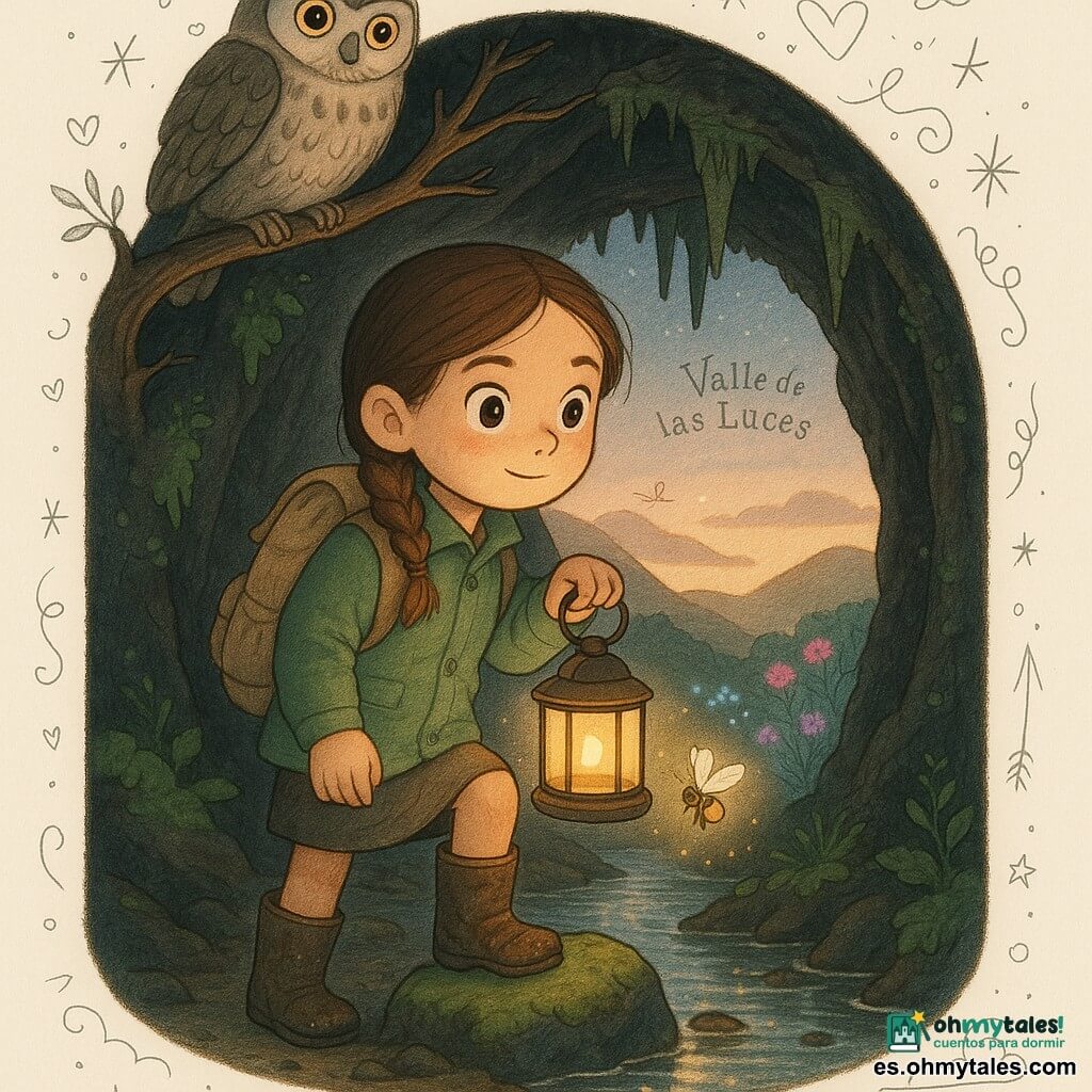 Lucía, niña de 10 años de rostro redondo, cabello castaño trenzado y ojos grandes y brillantes, sostiene una pequeña linterna metálica que proyecta una luz cálida; lleva chaqueta verde, mochila de lona beige y botas embarradas, y está en la entrada de una cueva oscura con un pie sobre una piedra musgosa. Una diminuta luciérnaga dorada y luminosa vuela frente a la linterna con un halo de esperanza, mientras un gran búho de plumaje gris y ojos ámbar se posa en una rama sobre la entrada, mirando con calma benévola. Las paredes de la cueva son de piedra negra salpicada de líquenes verdes, con estalactitas finas y un suelo húmedo que refleja la luz; al fondo, por una abertura, se intuye el Valle de las Luces con flores luminosas rosa y azul y colinas ámbar bajo un cielo crepuscular. La escena principal muestra a la niña extendiendo su linterna hacia la luciérnaga en un momento íntimo y mágico de intercambio de luz y consuelo.