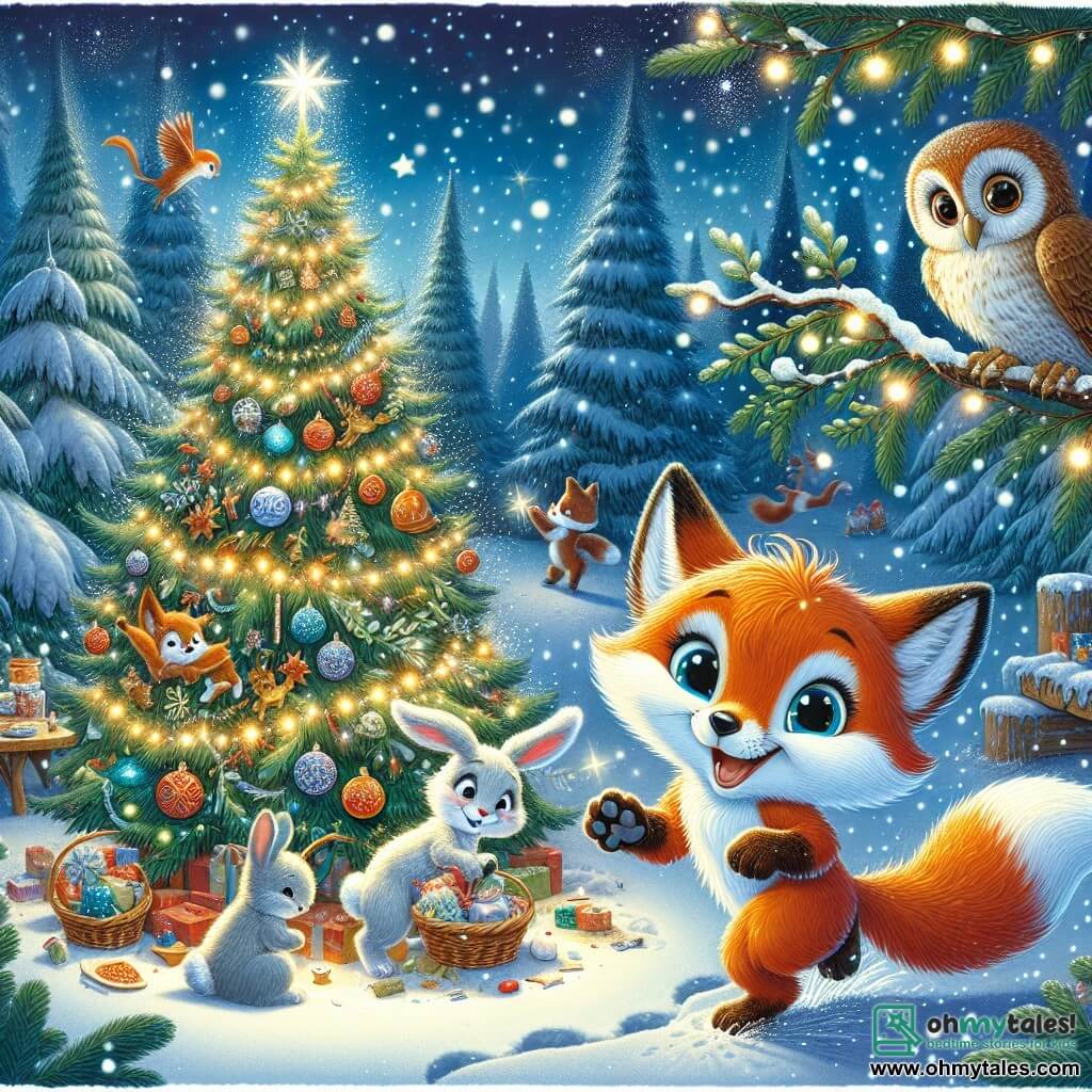 An illustration depicts a joyful fox with bright orange fur and a fluffy white tail, bouncing in sparkling snow. Its bright eyes express excitement as it admires a beautiful Christmas tree adorned with twinkling lights and colorful ornaments. Near the tree, a small rabbit with big ears and soft white fur looks worried, trying to free itself from the tree branches. A wise owl with brown feathers and large round eyes watches from a branch, displaying an encouraging expression. The main setting is an enchanted clearing surrounded by tall snow-covered trees, with shimmering snowflakes gently falling from the starry sky. The tree stands proudly at the center, illuminated by dancing lights in the darkness. The main scene shows the fox and its friends working together to decorate the tree, laughing and sharing moments of camaraderie, with swirling snowflakes adding a magical touch to the festive atmosphere. Other graphic elements include gingerbread cookies on a small table nearby, colorful garlands hanging from the tree branches, and twinkling stars in the night sky, creating a warm and joyful ambiance.