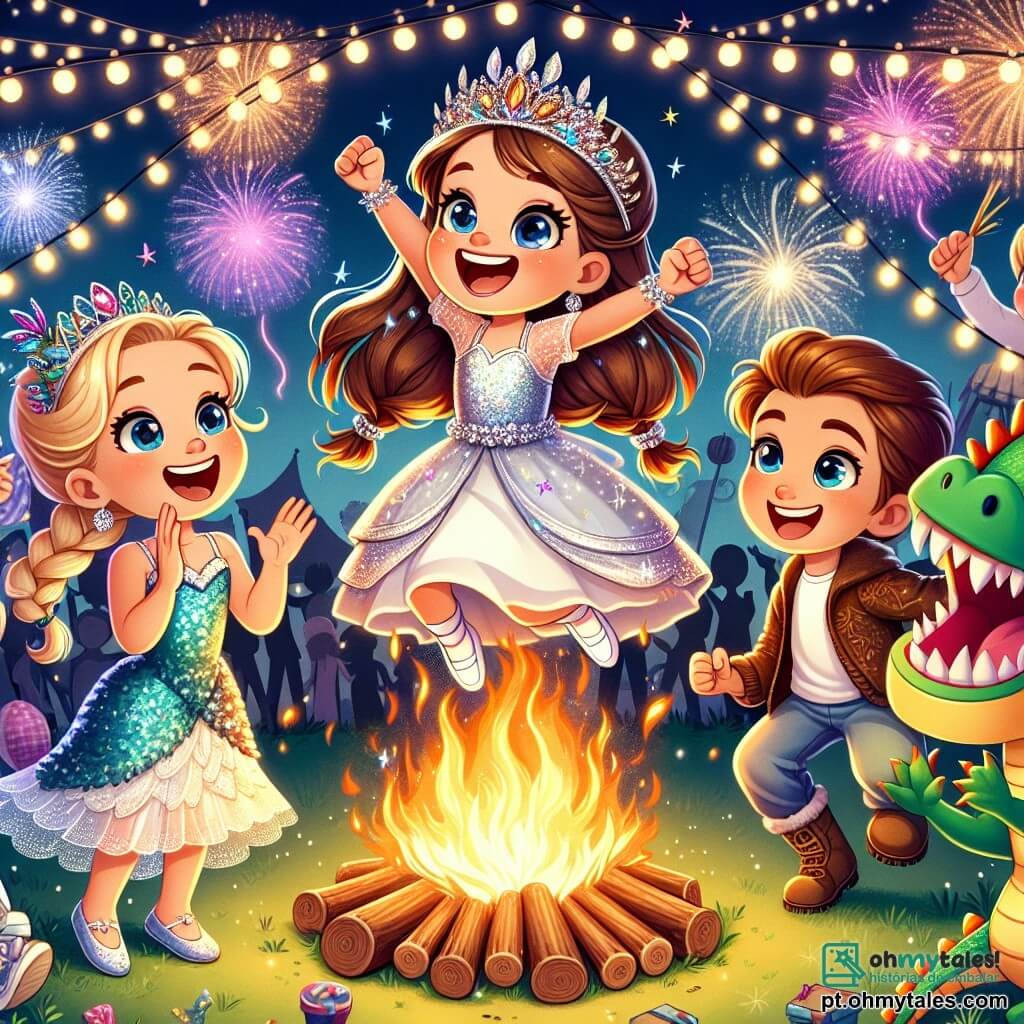 Uma menina de 8 anos, Sofia, com longos cabelos castanhos e olhos brilhantes de alegria, usa um vestido brilhante e uma tiara de estrelas. Ela salta de felicidade, cercada por seus amigos, com um grande sorriso no rosto. Ao lado dela, Ana, uma menina de 7 anos com cabelos loiros trançados e um vestido de sereia cintilante, aplaude com entusiasmo. Lucas, um menino de 8 anos com cabelos castanhos e um traje de dragão, faz caretas engraçadas, contribuindo para a atmosfera festiva. A cena acontece no jardim de Sofia, decorado com luzes coloridas e balões flutuantes. Uma grande fogueira crepita no centro, cercada por amigos rindo e dançando. A situação principal mostra Sofia e seus amigos pulando alegremente sobre a fogueira, celebrando juntos a chegada do Ano Novo, com fogos de artifício coloridos iluminando o céu noturno.