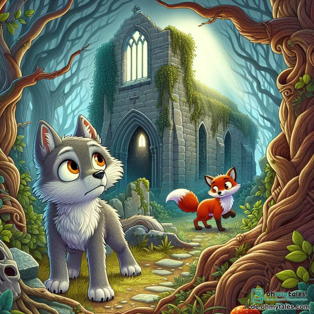 Ein kleiner Wolf mit leuchtenden Augen und grauem Fell, dessen Gesicht von Neugier und Besorgnis geprägt ist, steht vor einer riesigen, alten Ruine einer Kirche, deren Wände mit Efeu und Moos bedeckt sind. Fasziniert blickt er auf ein geheimnisvolles Licht, das aus einem zerbrochenen Fenster strahlt und sein Gesicht erhellt. Neben ihm versteckt sich ein kleiner, lebhaft roter Fuchs mit schelmischen Augen hinter einem Baum, seine Haltung zeigt Aufregung und Nervosität, während er die Szene mit erhobener Pfote beobachtet, bereit zum Sprung. Der Ort ist ein dunkler, dichter Wald, in dem die verdrehten, knorrigen Bäume Geheimnisse zu flüstern scheinen und ein leichter Nebel den Boden umhüllt, was eine zugleich magische und beunruhigende Atmosphäre schafft. Die Hauptsituation zeigt den kleinen Wolf, der vorsichtig auf die Kirche zugeht, angezogen von dem geheimnisvollen Glanz, während der Fuchs zögert und sich fragt, ob sie diesen geheimnisvollen Ort erkunden oder umkehren sollten.
