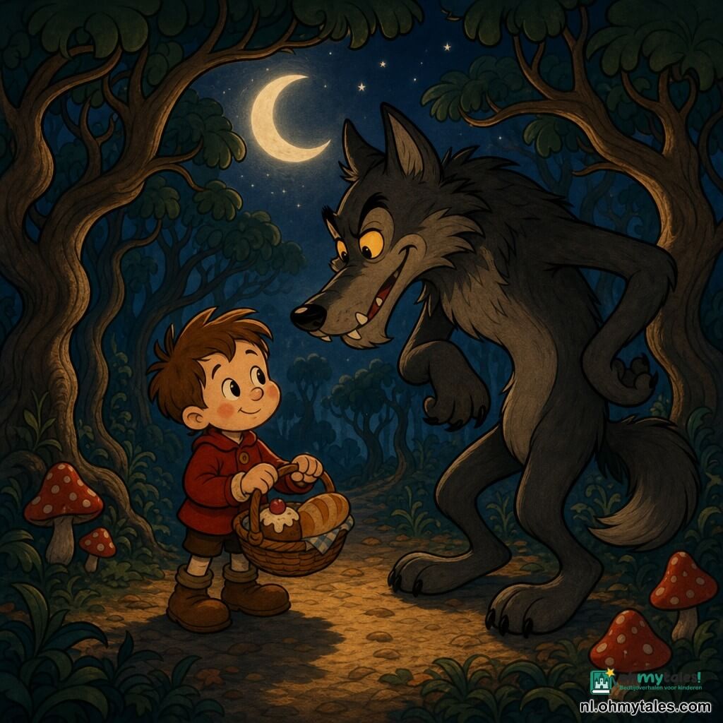 Een 4-jarige jongen, dapper maar lichtelijk bang, rond gezicht, roze wangen, warrig bruin haar, draagt een rood jasje, bruine leren laarsjes en houdt een rieten mandje met brood en cake, een grote imposante wolf rechts van de jongen met donkergrijze vacht en zwarte lokken, amberkleurige ogen en een half-glimlachende, half-dreigende uitdrukking, staand op achterpoten en naar hem toe gebogen, de bomen van het Fluisterbos hebben slanke golvende stammen en donkergroene waaierbladeren met takken die bogen vormen boven de figuren en enkele rode paddenstoelen op de grond, een wassende zilveren maan hoog aan een sterrenhemel werpt zacht halo-licht, warme clair-obscur sfeer met sterke contrasten, lange schaduwen en dikke contouren in vintage stripstijl, medium shot met de jongen links van het midden en de wolf rechts, mand op de voorgrond en bomen die een tunnel vormen, beperkt verzadigd palet (rood, bruin, diepgroen, grijs, nachtblauw), gladde texturen, zwarte lijnen en grote eenvoudige vormen