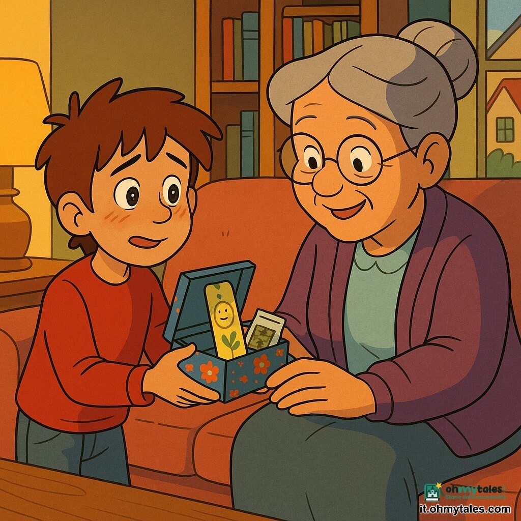 Un ragazzo di 10 anni, un po' ansioso ma sollevato, viso rotondo, capelli castani scompigliati, occhi nocciola, tende una piccola scatola decorata verso la nonna; la nonna Ada, circa 70 anni, capelli grigi raccolti, occhiali rotondi e sorriso caldo, seduta su un divano rosa antico si china per aprire la scatola con una mano sulla sua; salotto accogliente con divano di stoffa vissuta, lampada con paralume giallo caldo, mensola in legno con libri, una tazza di tisana fumante sul tavolino e luce serale dorata; la scatola contiene un segnalibro dipinto con un limone sorridente e una bustina di tisana, atmosfera tenera e calma, colori caldi e contrasti morbidi.