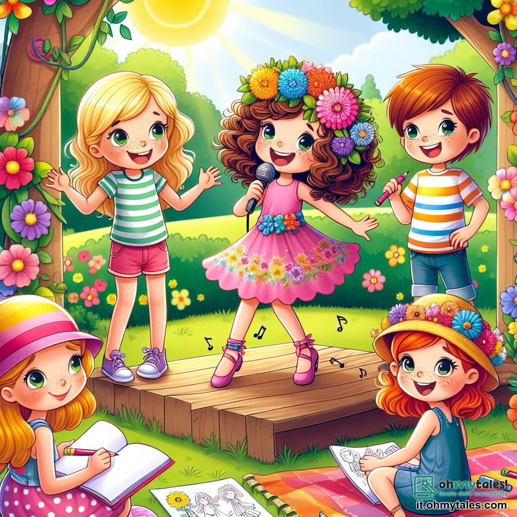 In un parco soleggiato, quattro amiche si trovano su un palco improvvisato di legno, circondate da fiori colorati e alberi verdi. Lila, una ragazza di 10 anni con capelli ricci e castani, indossa un abito rosa e danza felice. Sara, anch'essa di 10 anni, ha capelli biondi e un cappello colorato con fiori, seduta su una coperta con matite e fogli per disegnare. Giulia, una ragazza di 9 anni con capelli rossi e lentiggini, canta entusiasta con un microfono in mano, indossando una maglietta a righe e pantaloni corti di jeans. Martina, la più timida, ha 9 anni, capelli lisci e castani, indossa un vestito blu e si trova al centro con un libro aperto, pronta a condividere la sua storia. Il parco è pieno di risate e colori vivaci, con palloni che fluttuano nel cielo blu. Martina, un po' nervosa ma determinata, legge la sua storia alle amiche, che l'ascoltano attentamente, i volti illuminati dalla gioia e dall'incoraggiamento.