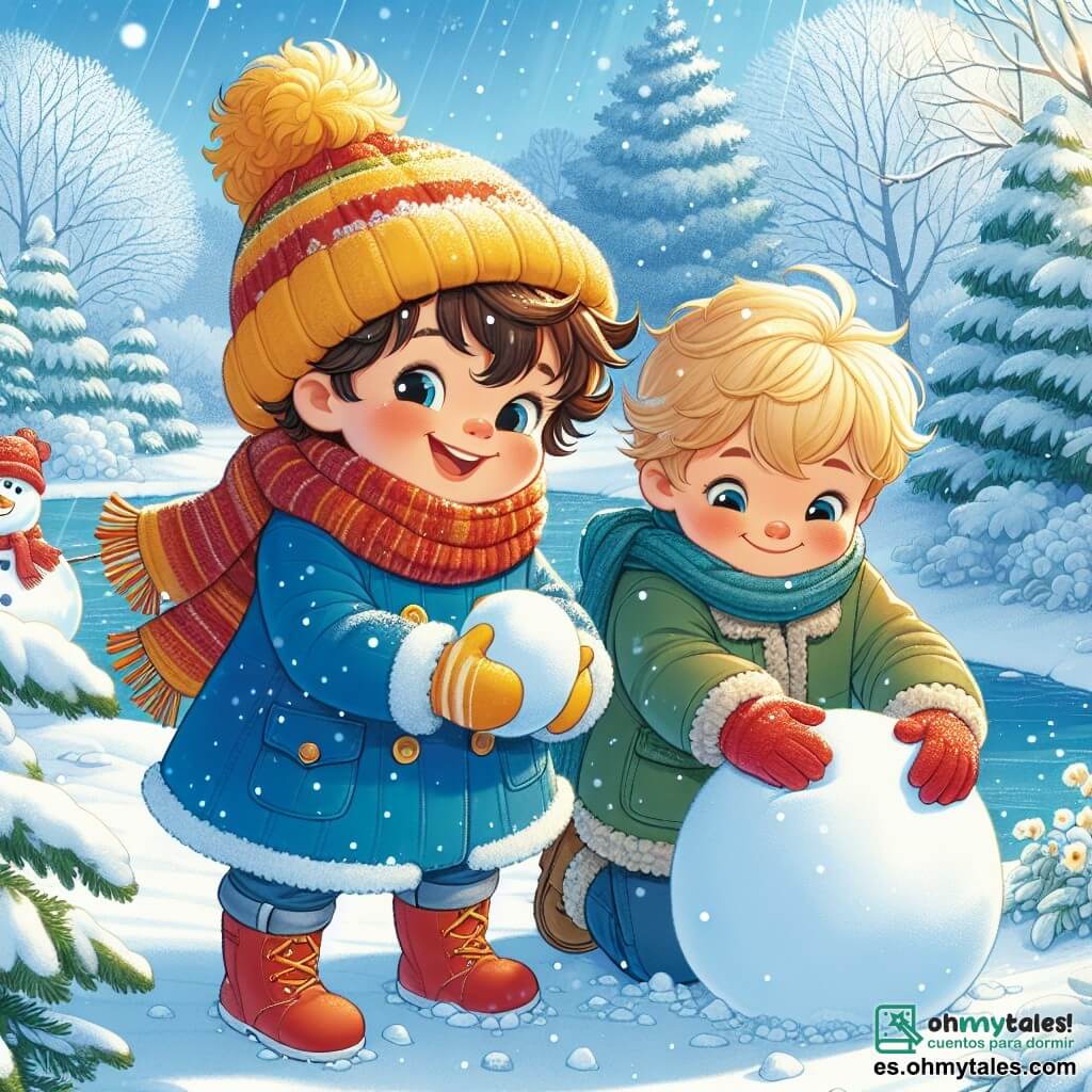 Un niño de 3 años, Lucas, con cabello castaño desordenado y mejillas sonrosadas, está de pie en un jardín nevado, riendo de alegría. Lleva un abrigo azul brillante, un gorro amarillo y botas rojas, mientras sostiene una bola de nieve en sus manos. A su lado, su amigo Tomás, un niño de 4 años con cabello rubio y ojos brillantes, está haciendo una bola de nieve grande para construir un muñeco de nieve. Tomás lleva un abrigo verde y una bufanda roja, compartiendo un momento de complicidad con Lucas. El lugar es un jardín invernal, con árboles cubiertos de nieve brillante, copos cayendo del cielo azul claro, y un pequeño arroyo congelado que serpentea por el paisaje. La escena principal muestra a Lucas y Tomás, rodeados de nieve, construyendo un alegre muñeco de nieve, con sonrisas en sus rostros, capturando la magia y diversión de un día de invierno.