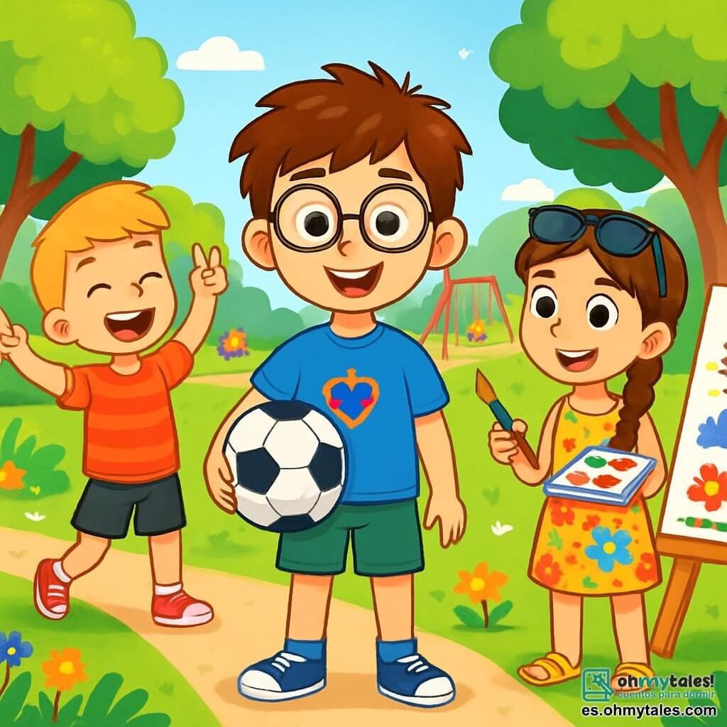 Hay 3 personajes: - Martín: un niño de 10 años con cabello castaño desordenado y gafas redondas. Lleva una camiseta azul con un dibujo de superhéroe y un short verde. Está de pie en el centro, sonriendo, sosteniendo un balón de fútbol. - Lucas: un niño de 10 años con cabello rubio corto y una expresión alegre. Lleva una camiseta roja a rayas y un short negro. Está ligeramente a la izquierda de Martín, riendo y haciendo un gesto de victoria con los brazos. - Sofía: una niña de 10 años con cabello castaño largo trenzado y gafas de sol en la cabeza. Lleva un vestido de flores coloridas y sandalias. Está a la derecha de Martín, sosteniendo una caja de pintura y un pincel, lista para crear una obra de arte. La escena se desarrolla en un parque soleado, lleno de vegetación, con árboles de hojas verdes brillantes que rodean un gran césped. Al fondo, se ve un área de juegos colorida con columpios y un tobogán. Flores multicolores bordean los caminos, y niños juegan alegremente a su alrededor. La situación principal muestra a los tres amigos divirtiéndose juntos, lejos de las pantallas. Ríen, juegan al fútbol y pintan dibujos en un gran lienzo, simbolizando su amistad y creatividad.