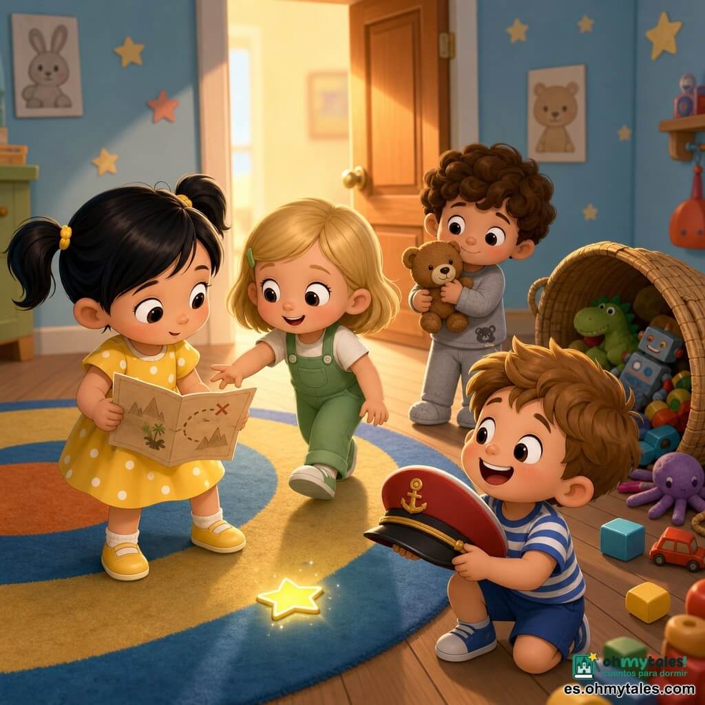 Hay cuatro niños: Luna, ~3 años, cabello negro en coletas, vestido amarillo de lunares blancos, sostiene un papel-mapa, a la izquierda mirando al suelo; Nico, ~3 años, cabello castaño claro despeinado, camiseta a rayas azul y blanca, ríe a la derecha sosteniendo un pequeño sombrero de capitán rojo; Sara, ~3 años, cabello rubio liso, peto verde, avanza en el centro con la mano tendida hacia Luna, rostro concentrado y dulce; Tomi, ~3 años, cabello rizado castaño, pijama gris con un osito, abraza su peluche marrón detrás de los demás, algo tímido pero sonriente. Escenario: un largo pasillo interior con suelo de parquet claro y una alfombra colorida, paredes azul pálido con dibujos de estrellas y animales, una puerta de madera entreabierta que deja entrar una luz cálida y una cesta de juguetes volcadas a la derecha. Situación: los cuatro pequeños exploran el pasillo como un camino secreto; una pequeña estrella adhesiva brillante en el suelo parpadea como señal, ambiente seguro, curioso y alegre.