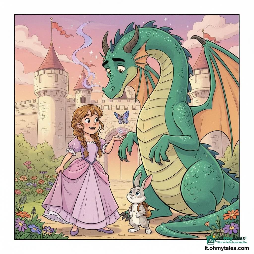 Una coraggiosa e sorridente principessa dai capelli castano chiaro in trecce morbide, vestito pastello a volant leggermente spiegazzato, porge un piccolo gioiello brillante a un drago imponente ma benevolo; volto rotondo, occhi grandi e ridenti, postura sicura e gesti gentili. Il drago con scaglie verde smeraldo scintillanti, occhi dolci e umidi, ali mezza aperte e inclinato ad accettare il gioiello, fiato di fumo colorato leggero. Un coniglietto maschio Pippino, pelo bianco macchiato di grigio, in piedi sulle zampe posteriori vicino al vestito della principessa, fiero e vigile con piccolo zainetto. Una farfallina femmina Lilla dalle ali viola e blu volteggia sopra il gioiello con riflessi luminosi. Sullo sfondo l’ingresso di un castello in pietra chiara con torri rotonde e bandiere, giardini fioriti in primo piano e cielo crepuscolare rosa-arancione; atmosfera luminosa e calda, colori vivaci, contorni netti e texture in stile fumetto franco-belga, composizione centrata sullo scambio e espressioni chiare per bambini.