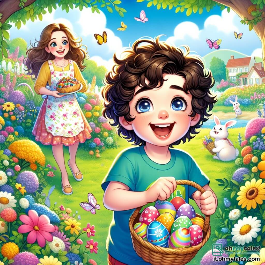 Un ragazzo di 8 anni, di nome Luca, con capelli ricci e occhi brillanti, si trova al centro dell'immagine, sorridendo con entusiasmo. Indossa una maglietta colorata e pantaloni corti, tenendo un cesto pieno di uova di Pasqua multicolori, mentre guarda intorno a sé con un'espressione di gioia ed eccitazione. Accanto a lui, sua madre, una donna di circa 35 anni, con capelli lunghi e castani, sorride orgogliosamente, indossando un grembiule floreale e tenendo un vassoio di deliziose pastine. Si trova leggermente in disparte, osservando il figlio con tenerezza. Sullo sfondo, un giardino incantevole è pieno di fiori vivaci, alberi maestosi e un cielo azzurro chiaro punteggiato di nuvole bianche e soffici. Coniglietti giocosi saltellano tra i fiori, aggiungendo un tocco di magia alla scena. La situazione principale mostra Luca in piena caccia alle uova, correndo gioiosamente attraverso il giardino, scoprendo uova nascoste dietro ai cespugli e sotto ai fiori, mentre amici ridono e giocano intorno a lui, creando un'atmosfera festosa e gioiosa.