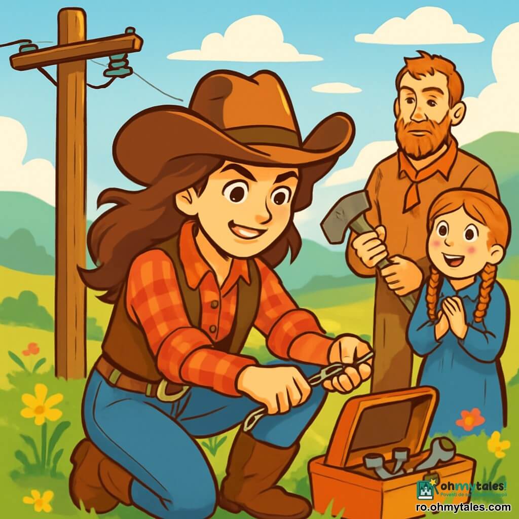 O cow-girl curajoasă, Mara, este în centrul imaginii, cu părul brun ondulat fluturând în vânt. Poartă o pălărie de cowboy, o cămașă cu carouri roșii și o vestă din piele, iar fața ei exprimă determinare și entuziasm. Ea repară un fir de telegraf, așezată lângă un stâlp de lemn, cu o cutie de unelte lângă ea. În fundal, un bărbat de aproximativ treizeci de ani, Grady, cu barbă roșie și haine pline de praf, o observă atent, ținând în mâini un ax rupt. Lângă el, o fetiță de zece ani, Nell, cu pistrui și o rochie din bumbac albastru, se uită cu admirație, cu ochii strălucind de excitație. Decorul este o pajiște însorită, presărată cu flori sălbatice colorate, cu dealuri verzi la orizont și un cer albastru deschis cu câteva nori albi pufoși. Situația principală o arată pe Mara concentrată pe sarcina ei, reparând firul de telegraf, în timp ce Grady și Nell o observă, reflectând spiritul de ajutorare și comunitate din această aventură de cowboy.