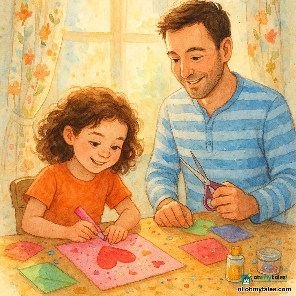 Een 8-jarig meisje met bruine krullende haren en sprankelende ogen zit glimlachend en geconcentreerd aan een keukentafel, omringd door kleurrijk papier en glitters. Een ongeveer 35-jarige man met kort haar en gestreepte pyjama staat naast haar, met een meelevende en vriendelijke uitstraling, en houdt een schaar vast. De keuken is verlicht door ochtendlicht, met een houten tafel vol knutselmaterialen en bloemenpatronen op de gordijnen rond een zonnig raam. De scène toont het meisje en haar vader terwijl ze een Moederdagkaart maken met papieren harten en glinsterende glitters, wat een sfeer van gedeelde vreugde en creativiteit uitstraalt.