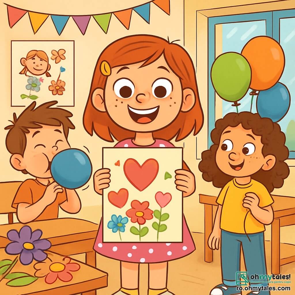 O fată de 10 ani, pe nume Mara, cu ochi mari și strălucitori și pistrui pe nas, zâmbește cu entuziasm, ținând o mare carte decorată cu inimi și flori. Poartă o rochie roz cu buline albe și pantofi galbeni, stând în centrul clasei, înconjurată de colegii săi. La dreapta ei, Ilinca, o altă fată de 10 ani cu părul buclat și un zâmbet jucăuș, ține baloane colorate și o privește pe Mara cu admirație. La stânga, Vlad, un băiat de 10 ani cu părul castaniu zbârlit, umflă un imens balon albastru, râzând de fericire. Decorul este o clasă luminoasă, împodobită cu ghirlande de hârtie colorată și desene de copii agățate pe pereți, cu o fereastră mare care lasă să intre lumina soarelui. Situația principală o arată pe Mara pregătind o petrecere surpriză pentru ziua mamei, înconjurată de prietenii săi care se ocupă de decorarea sălii cu flori din hârtie și baloane, toți nerăbdători și veseli, creând o atmosferă festivă și călduroasă.