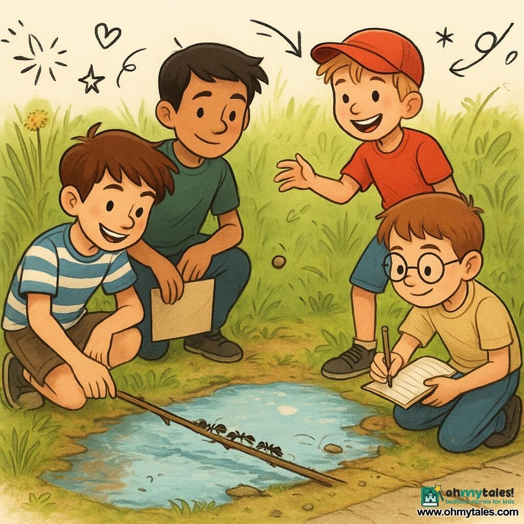 Four boys: Jamie (about 10) with messy brown hair and big smile, crouched left placing a small twig on a large puddle; Max (about 10) with slicked‑back blond hair under a red cap, standing right tossing a pebble and laughing, watching the puddle; Ethan (about 9) with brown hair and round glasses, kneeling behind Jamie taking quick notes in a notebook; Lucas (about 11) with short black hair and calm expression, crouched behind the twig holding a leaf to guide the ants, looking protectively at the line of insects. Setting: a wild backyard turned mini‑jungle with tall green grasses, dandelion stems, a mossy stump and a cracked sidewalk edge; the large puddle reflects blue sky and fluffy clouds, with twigs, pebbles and a floating leaf indicating the ants’ tiny scale. Main scene: countless black ants crossing the puddle on a twig bridge as the children collaborate—ants in a line, gentle ripples and small bubbles—bright warm light, sharp textures (glittering water drops, velvety moss, worn fabric) and playful doodle overlays (arrows, stars, motion lines) emphasizing the action.