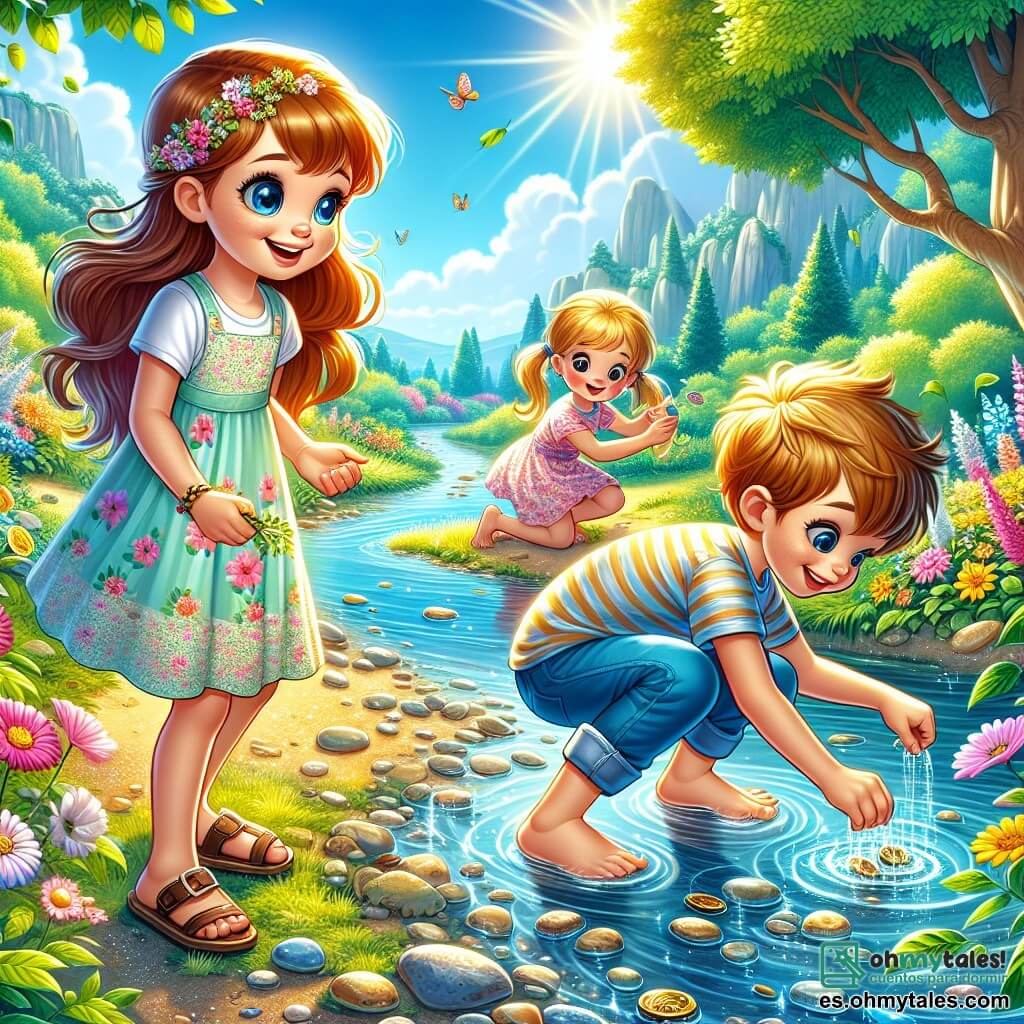 Una niña de 10 años, con largos cabellos castaños y ojos brillantes de alegría, está al borde de un arroyo. Lleva un vestido ligero de flores y sandalias, con los pies descalzos en el agua clara. Sonríe, maravillada por la belleza de la naturaleza que la rodea. A su lado, un niño de 9 años, con el cabello rubio despeinado y una camiseta a rayas, recoge piedras brillantes, concentrado y entusiasmado. Un poco más lejos, una niña de 8 años, con dos coletas y un vestido rosa, juega con hojas flotantes, riendo a carcajadas. El arroyo serpentea a través de un paisaje verde, rodeado de flores coloridas y grandes árboles con hojas brillantes, bajo un cielo azul radiante. La escena irradia una atmósfera de felicidad y aventura veraniega, donde los niños descubren las maravillas de la naturaleza.