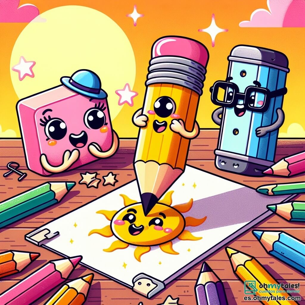 Un pequeño lápiz amarillo llamado Lalo, con una gran sonrisa y ojos brillantes, está dibujando un sol divertido con un sombrero en una hoja de papel. A su lado, una goma rosa llamada Ema, con mejillas redondas y una sonrisa alegre, aplaude mientras mira el dibujo. Un sacapuntas azul llamado Tito, con gafas y una expresión concentrada, está listo para afilar a Lalo para que pueda dibujar aún mejor. El decorado es una mesa de madera colorida, cubierta de lápices, marcadores y hojas de papel, con un gran sol brillante que ilumina la escena. La situación principal muestra a Lalo dibujando, rodeado de sus amigos, todos riendo y divirtiéndose juntos, creando un ambiente alegre y amistoso.