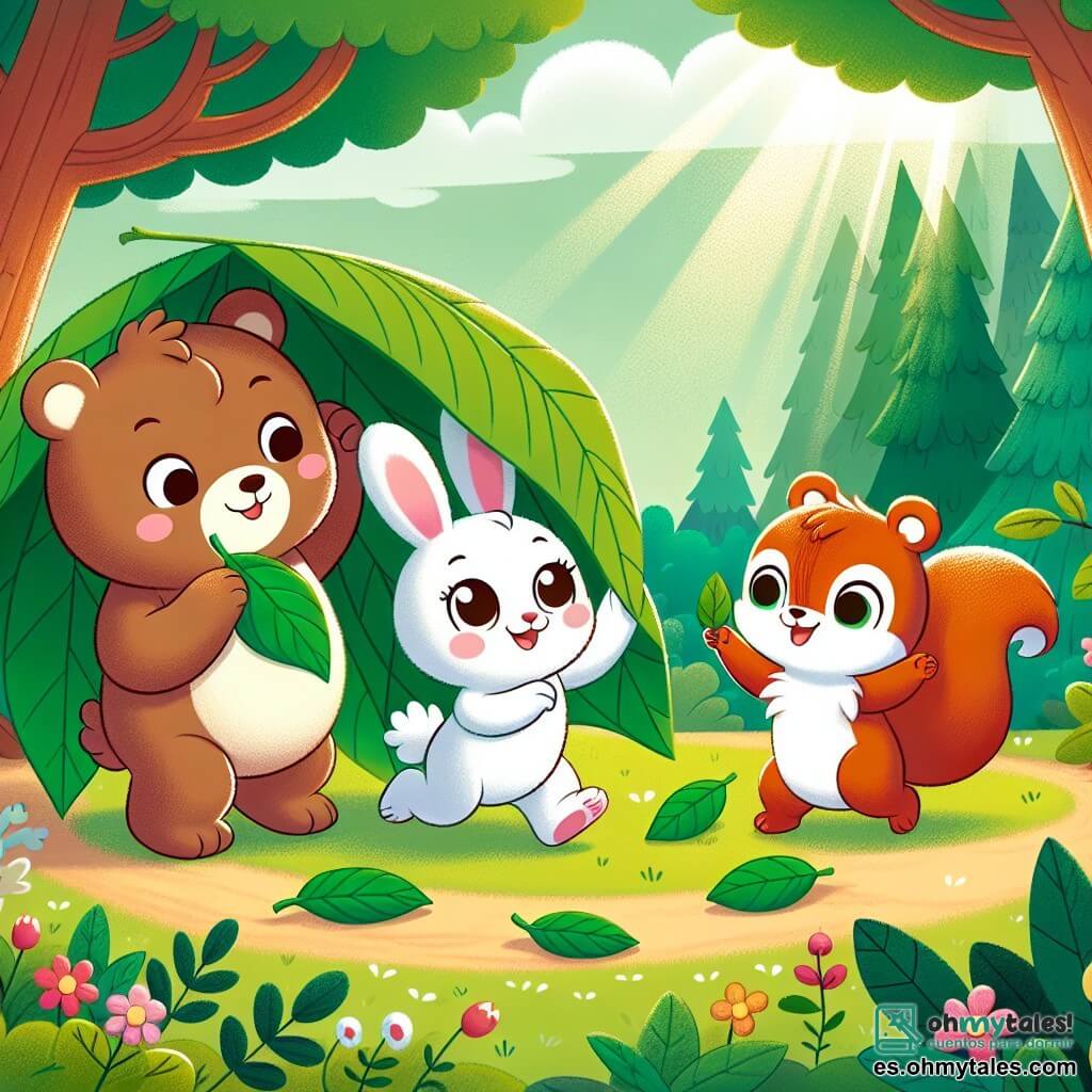 Un adorable oso marrón llamado Bruno, con un pelaje suave y ojos brillantes de alegría, sostiene una gran hoja verde sobre su cabeza para proteger a sus amigos del viento. Junto a él, un pequeño conejo blanco llamado Pipo, con orejas largas y una sonrisa traviesa, salta sosteniendo una hoja más pequeña en sus patas delanteras, riendo. Un poco más lejos, una pequeña ardilla roja llamada Lila, con una cola esponjosa y ojos brillantes de emoción, coloca hojas para construir una casa, levantando los brazos para mostrar su creatividad. El lugar es un hermoso bosque soleado, con árboles majestuosos de hojas verdes brillantes, flores coloridas en el suelo y rayos de sol filtrándose a través de las ramas, creando un ambiente alegre y cálido. La escena principal muestra a los tres amigos construyendo juntos una casa de hojas, riendo y divirtiéndose, con hojas volando a su alrededor por el viento, ilustrando la alegría de la amistad y la aventura.