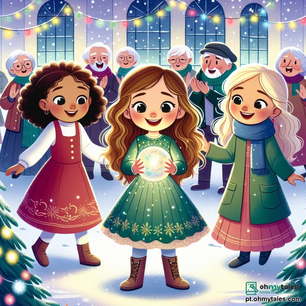 Três meninas pequenas, Maria, Joana e Ana, de 2 anos, estão em um jardim coberto de neve. Maria, com cabelos cacheados e uma roupa vermelha, sorri segurando uma bola brilhante. Joana, com cabelos loiros e lisos, usa um casaco verde e dança alegremente. Ana, com cabelos castanhos e um cachecol azul, observa a bola mágica com admiração. O jardim é decorado com flocos de neve cintilantes e pinheiros iluminados por luzes coloridas. Ao fundo, um grupo de velhos amigos aplaude as meninas. A bola mágica flutua acima delas, projetando luzes brilhantes e emitindo uma suave música de Natal. As meninas dançam e cantam, criando uma atmosfera alegre e festiva, cheia de risos e amizade.