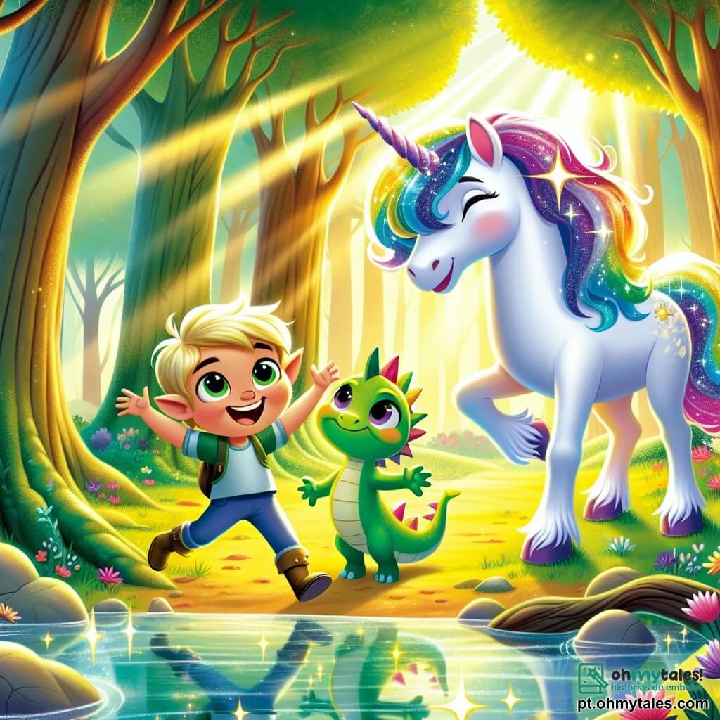 Um duende chamado Pip, um garotinho com orelhas pontudas, cabelo verde e um sorriso radiante, está alegremente à beira de um lago cintilante, com os braços levantados em sinal de vitória. Ao seu lado, uma linda unicórnio chamada Luna, com pelagem branca brilhante e uma crina colorida como um arco-íris, olha para Pip com olhos brilhantes de orgulho. Ao fundo, um pequeno dragão chamado Drago, com escamas verdes e olhos curiosos, se aproxima timidamente, com um sorriso no rosto. O cenário é uma floresta encantada, com árvores majestosas e troncos grossos adornados com flores coloridas, enquanto a luz do sol filtra pelas folhas, criando reflexos dourados na água do lago. A cena transmite uma atmosfera mágica e alegre, cheia de cores vibrantes e detalhes encantadores. A situação principal mostra Pip, Luna e Drago celebrando sua vitória após encontrar a preciosa Estrella do Amanhã, que brilha intensamente nas mãos de Pip, iluminando seus rostos com uma luz calorosa e amigável.