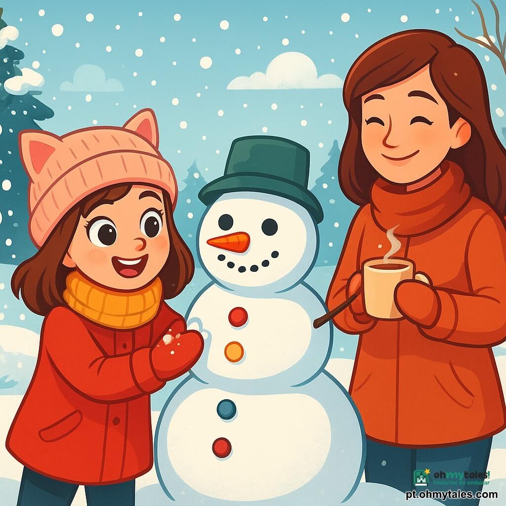 Uma menina de 8 anos, com grandes olhos brilhantes e bochechas rosadas, está construindo um boneco de neve em um jardim coberto de neve. Ela usa um casaco vermelho vivo, um cachecol de lã e um gorro com orelhas de gato, sorrindo entusiasmada, com as mãos cheias de neve. Perto dela, sua mãe, uma mulher de cerca de trinta anos com cabelos castanhos e um sorriso caloroso, observa com ternura, segurando uma xícara de chocolate quente fumegante. O jardim está coberto por uma espessa camada de neve cintilante, com árvores cujos galhos estão carregados de flocos e sombras suaves criadas pelo sol de inverno. A cena retrata a alegria do inverno, com flocos de neve caindo suavemente, enquanto a menina molda um boneco de neve com botões coloridos e um sorriso feito de carvão.
