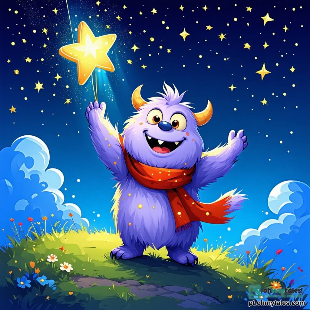 Milo, um pequeno monstro de olhos grandes e peludos, com um sorriso radiante, está no topo de uma colina, braços levantados para o céu estrelado. Seu pelo é de um roxo suave, salpicado de manchas douradas, e ele usa um pequeno cachecol vermelho que flutua ao vento. Ele expressa grande alegria e admiração enquanto observa a luz de uma estrela que começa a brilhar intensamente. Ao seu lado, Gilda, um grifo majestoso com asas douradas e cabeça de falcão, observa Milo com um olhar benevolente e encorajador. Suas penas brilham sob a luz das estrelas, acrescentando um toque mágico à cena. O cenário é um reino fantástico flutuando nas nuvens, com árvores de açúcar e rios de gelatina serpenteando pela paisagem. O céu está cheio de estrelas cintilantes e nuvens fofas, criando uma atmosfera de sonho. A cena principal mostra Milo, cheio de coragem e determinação, levantando os braços para restaurar o brilho de uma estrela quase apagada, simbolizando sua jornada em busca da magia e da amizade neste mundo encantador.