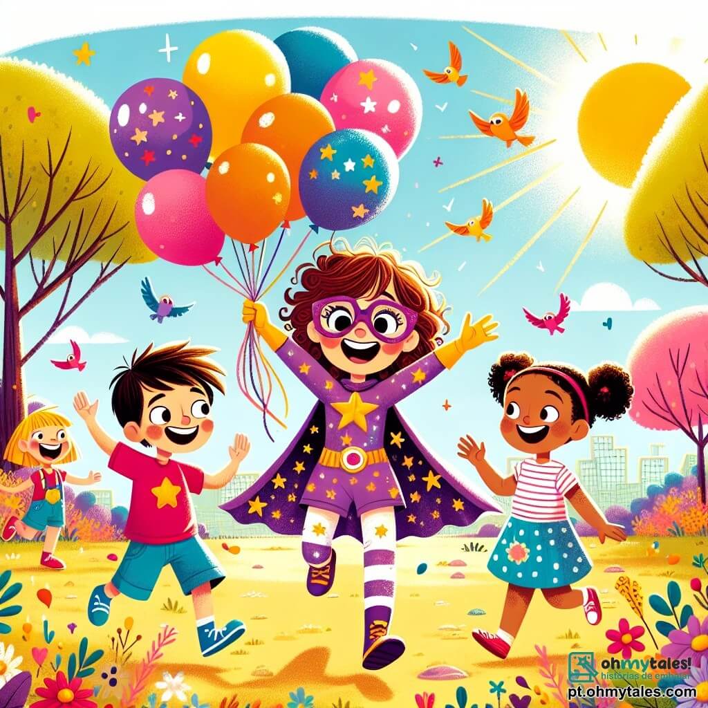 A heroína, Lúcia, é uma mulher alegre com cabelos cacheados e óculos coloridos. Ela usa um traje de super-heroína roxo com estrelas douradas e sorri enquanto lança balões coloridos ao ar. Ao lado dela, Canivete, um garoto de cerca de 10 anos com cabelos castanhos bagunçados e uma camiseta vermelha, pula para pegar um balão que está voando. Um pouco mais longe, Pipoquinha, uma menina de 9 anos com cabelos loiros trançados e um vestido de bolinhas, estoura um balão com um grande sorriso, fazendo os pássaros ao redor rirem. A cena acontece em um parque ensolarado, cheio de árvores verdes e flores coloridas, com pássaros cantando nos galhos. No centro, Lúcia e seus amigos se divertem soltando balões, enquanto os passarinhos curiosos voam ao redor, criando uma atmosfera alegre e lúdica.