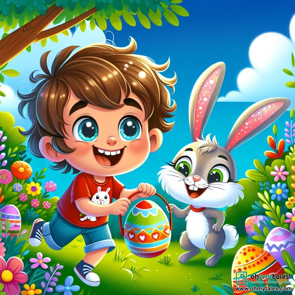 A 4-year-old boy named Max, with messy brown hair and a big joyful smile, is searching for Easter eggs in a sunny garden. He wears a red t-shirt with a small bunny on it and denim shorts. His eyes shine with excitement as he bends down to pick up a colorful egg hidden under a flower. Next to him, a small magical bunny named Bunny Bella, with sparkling fur and long ears, joyfully hops while holding a heart-shaped egg in her front paws, looking at Max with a mischievous smile. The garden is filled with bright flowers, tall green trees, and a clear blue sky dotted with fluffy white clouds. Colorful Easter eggs are hidden everywhere, under bushes and near garden toys. The main scene shows Max and Bella happily hunting for eggs, surrounded by a festive and joyful atmosphere, with shiny eggs and Easter decorations adding to the magic of the moment.