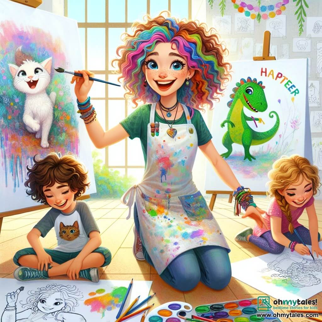 Clara, a curly-haired artist with colorful hair, expresses contagious joy with a big smile while painting a vibrant mural on a large white wall. She wears a paint-splattered blouse, and her eyes shine with enthusiasm as she guides the children in their artistic creation. Mia, an 8-year-old girl with braids and a cat-patterned t-shirt, sits on the floor, focused on her drawing of a playful cat, surrounded by colored pencils. Leo, a 9-year-old boy with messy brown hair, stands next to her, holding a paint palette and painting a green dinosaur with bright splashes of color. The scene takes place in the Artville community center, filled with natural light filtering through large windows. The walls are decorated with children's drawings and colorful garlands, creating a warm and welcoming atmosphere. The main situation shows Clara and the children joyfully collaborating to create a mural that celebrates their community, each adding their personal touch to this collective artwork, filled with vibrant colors and imagination.