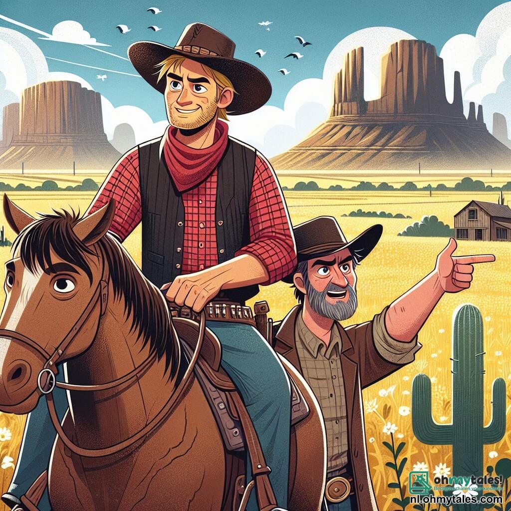 Jake, een dappere cowboy van ongeveer dertig jaar, draagt een grote cowboyhoed en een rood geruit overhemd. Zijn gezicht is getekend door avontuur, met een vastberaden glimlach en ogen die stralen van opwinding. Hij staat stevig op zijn paard, Rusty, een prachtige bruine mustang, en kijkt met een uitdagende blik naar de horizon. Naast hem staat Hank, een man van veertig met een verweerd gezicht en grijs haar, die met een vinger wijst naar de majestueuze Zilveren Pieken, met een uitdrukking van verbazing en bewondering. Een jonge man, Billy, achttien jaar oud met tousled blond haar, zit op een steen en kijkt naar Jake met bewondering, verlangend om het avontuur te beginnen. De achtergrond toont een uitgestrekte gouden prairie, bezaaid met cactussen en wilde bloemen, met de Zilveren Pieken in de verte, imposante bergen met glinsterende toppen onder de ondergang van de zon. De lucht is helderblauw met donzige witte wolken. De hoofdscène toont Jake, Hank en Billy die zich voorbereiden om op avontuur te gaan naar de bergen, met een oude kaart in de hand, klaar om de legendarische schuilplaats van de verborgen schat te ontdekken.