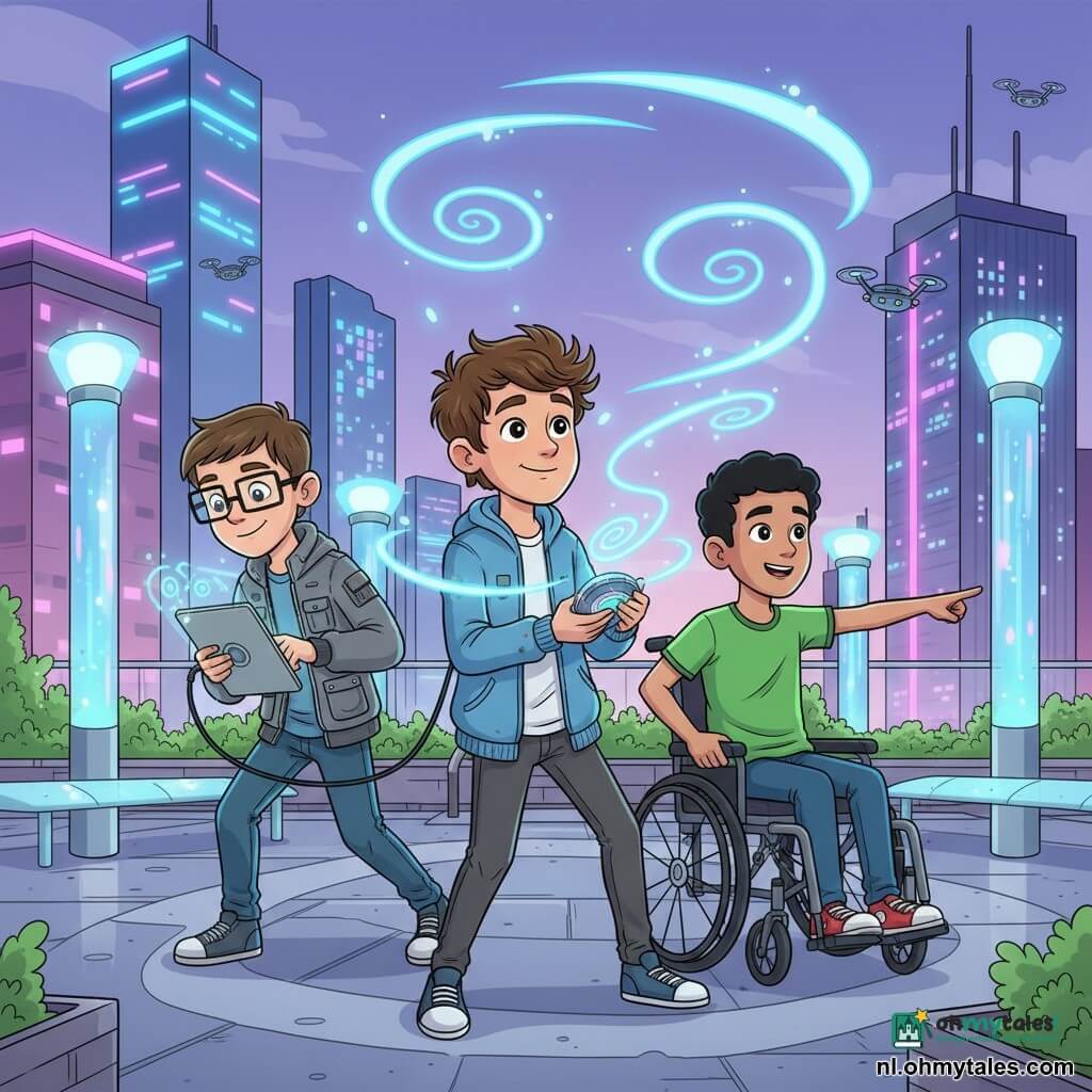 Drie jongens van ongeveer 13 jaar: Jasper, bruin haar, lichte blauwe jas, dromerige blik, staat licht naar voren en houdt een rond apparaat dat hologrammen uitzendt; Sam, kort haar, vierkante bril, grijze jas met zakken, links van Jasper en geconcentreerd op een glanzende tablet die verbonden is met het apparaat; Dan, in een elektrische rolstoel, kort zwart haar, felgroen T-shirt, rechts van Jasper iets achteraan en wijst een vluchtroute aan. Locatie: klein dakpark tussen futuristische wolkenkrabbers met metallic bestrating, verticale bloembakken met lichtgevende planten, transparante banken, holografische lantaarns en een verre skyline met roze- en blauwnéons en laagvliegende drones. Situatie: de drie vrienden beschermen het lichtgevende apparaat tegen onzichtbare achtervolgers — dynamische actiescène met knipperende apparaten, blauwe hologrammen die in spiralen omhoog gaan, snelle bewegingen en een avontuurlijke, vastberaden maar optimistische sfeer.