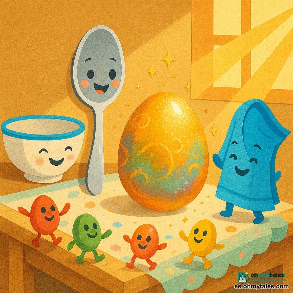 Sol, una pequeña cuchara antropomórfica plateada con un reflejo dorado, sonríe mientras inclina su mango para tocar un gran huevo dorado brillante; a la izquierda Tazón, un bol redondo de cerámica blanca con borde azul, hace una pequeña rampa con su borde y está contento; a la derecha Servi, un servilletero de tela azul animado, levanta una servilleta para ayudar; el huevo mágico, en el centro, muestra reflejos iridiscentes y motivos dorados con textura lisa y purpurina como confeti; alrededor bailan pequeños caramelos con patas, ojos redondos y sonrisas, algunos saliendo de una servilleta de papel; la cocina es cálida: mesa de madera clara, mantel pastel y rayos de sol dorados entrando por la ventana, sombras suaves y texturas tipo papel superpuesto que dan un aspecto táctil e infantil, escena alegre y solidaria con colores saturados y contornos nítidos.