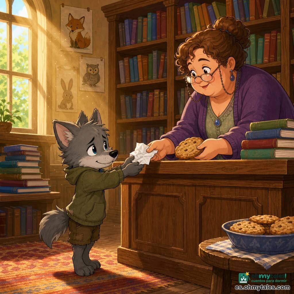 Un pequeño lobo infantil antropomórfico (lupito) de pelaje gris, orejas grandes y temblorosas, ojos redondos algo húmedos y sonrisa tímida, tiende una nota blanca arrugada hacia el mostrador; una bibliotecaria humana rellenita, cabello castaño rizado en un moño, gafas en cadena y rostro amable se inclina desde el mostrador de madera para recibir la nota y ofrecerle una galleta grande y redonda; al fondo, una pila de libros y una alta estantería de roble con libros coloridos y etiquetas manuscritas bañadas por rayos de sol; el mostrador barnizado, carteles de animales en la pared, una alfombra cálida y una mesa baja con un bote de galletas completan la escena que, iluminada con luz cálida, muestra el momento en que el lobo supera su miedo mediante el intercambio de la nota y la galleta como consuelo.