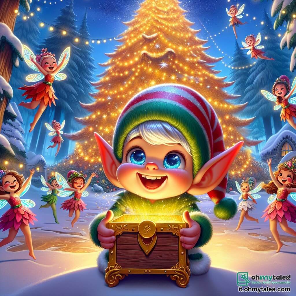 In una foresta incantata, un piccolo elfo della neve di nome Pippo, con orecchie a punta, occhi brillanti come stelle e un sorriso radioso, danza gioiosamente sotto un grande albero luminoso, tenendo un scrigno dorato nelle mani, irradiando felicità ed eccitazione. Intorno a lui, piccole fate scintillanti, con ali colorate e abiti fatti di petali di fiori, volano in cerchio, ridendo e lanciando polvere magica, i loro volti esprimendo gioia ed entusiasmo. Il luogo è un paesaggio invernale da favola, con alberi maestosi coperti di neve scintillante, luci brillanti che illuminano la notte e un cielo stellato che aggiunge un tocco di magia all'atmosfera. La scena principale mostra Pippo che, con uno sguardo meravigliato, apre il cofano magico, liberando una luce splendente che avvolge la foresta, simboleggiando la magia del Natale e la gentilezza che si diffonde nel villaggio.