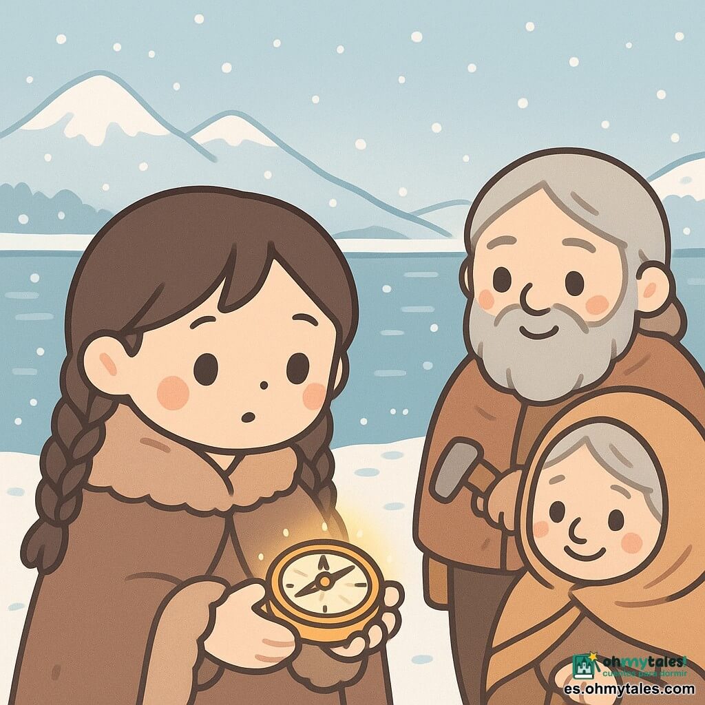 Una joven vikinga, Astrid, con trenzas oscuras y una expresión curiosa, sostiene una brújula mágica que brilla suavemente en sus manos. Lleva un abrigo de piel y está junto a la orilla nevada de un fiordo. A su lado, un hombre mayor, Hallvard, el carpintero, con barba gris y ojos traviesos, observa la brújula con interés, sus manos ásperas sosteniendo una herramienta de madera. En el fondo, una anciana, Sigrun, envuelta en una gruesa manta de lana, mira a Astrid con una sonrisa benevolente, sus ojos brillando de sabiduría. El escenario es un fiordo nórdico, con aguas tranquilas y heladas, montañas nevadas al fondo, y copos de nieve cayendo suavemente. La escena principal muestra a Astrid descubriendo la brújula mágica, rodeada de sus amigos, con un cielo invernal brillante y reflejos plateados en el agua.